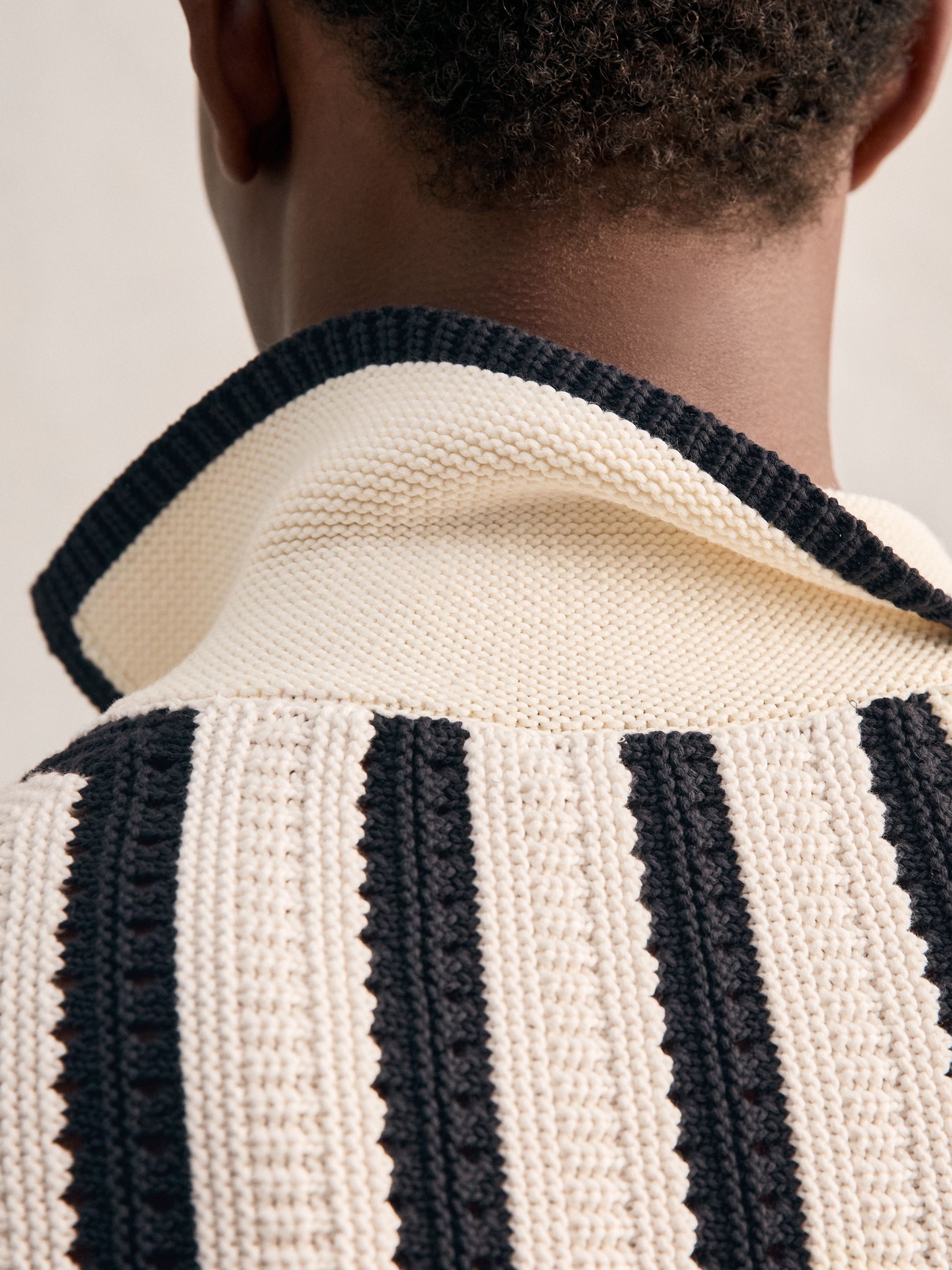 Cotton Blend Stripe Knit Polo Shirt in Off White/Navy - Image 6 of 7