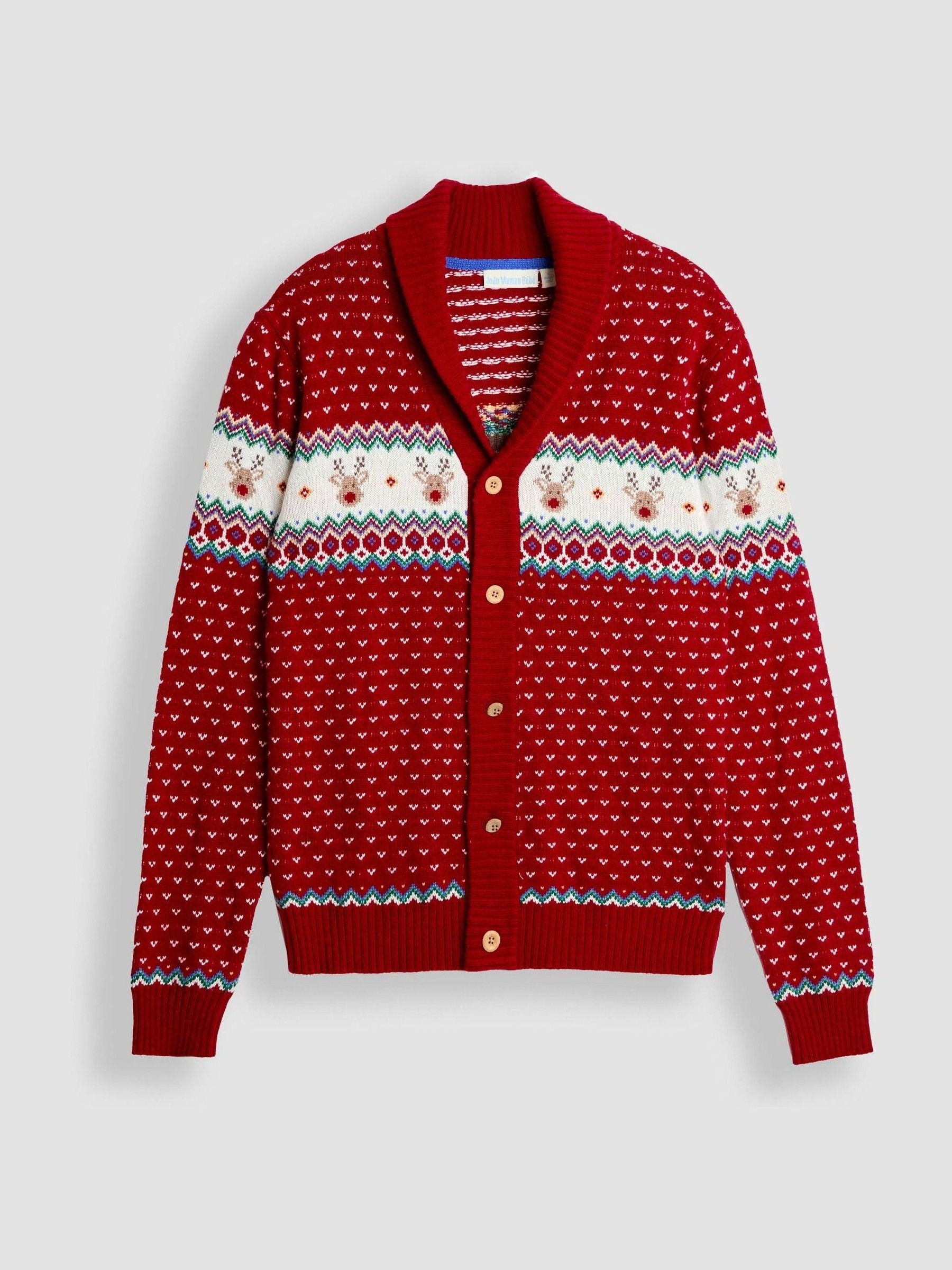 Red Men's Reindeer Fairisle Knitted Cardigan - Image 1 of 3