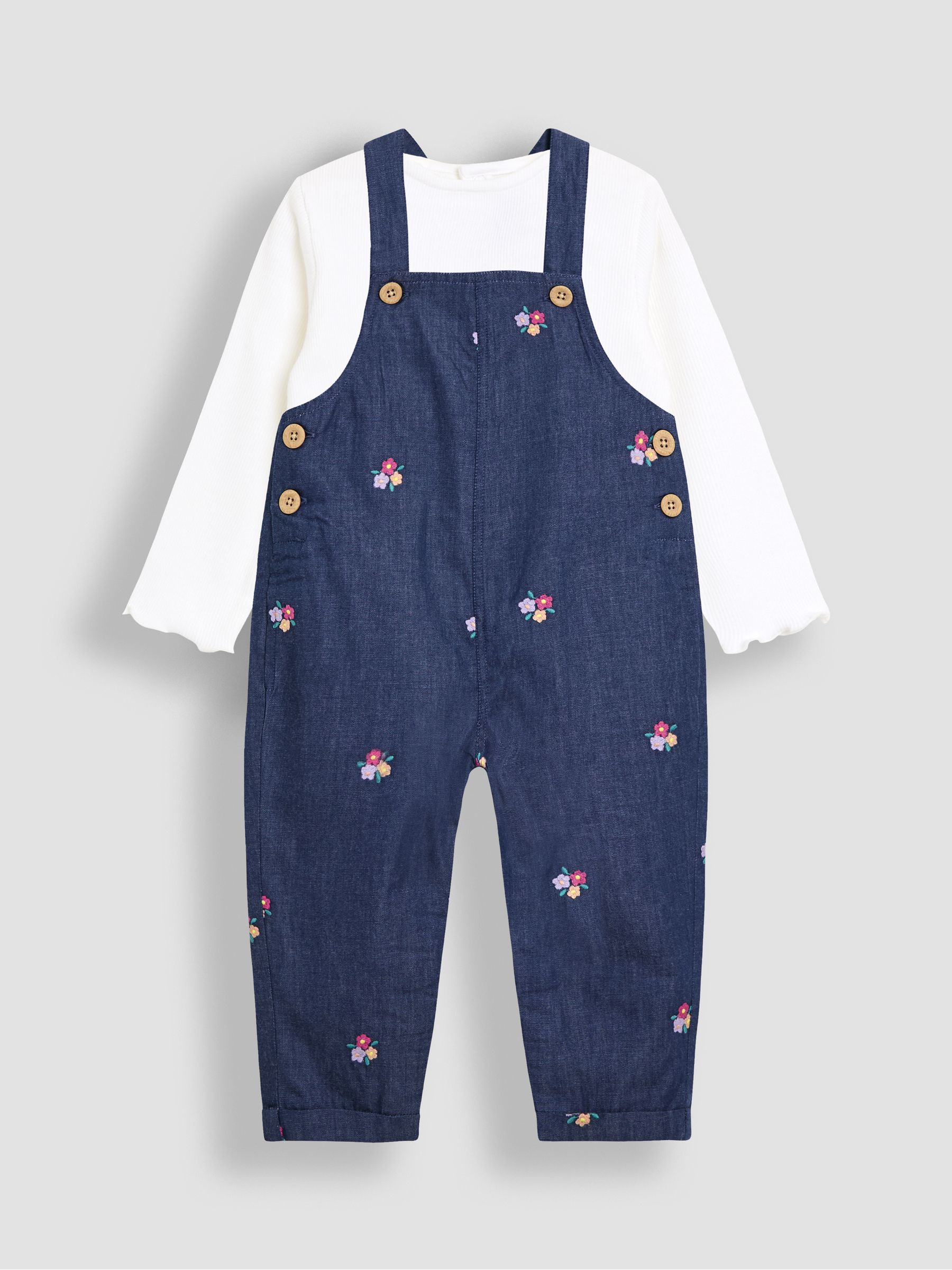 Blue Chambray Embroidered Dungarees & Rib Top Set - Image 1 of 6
