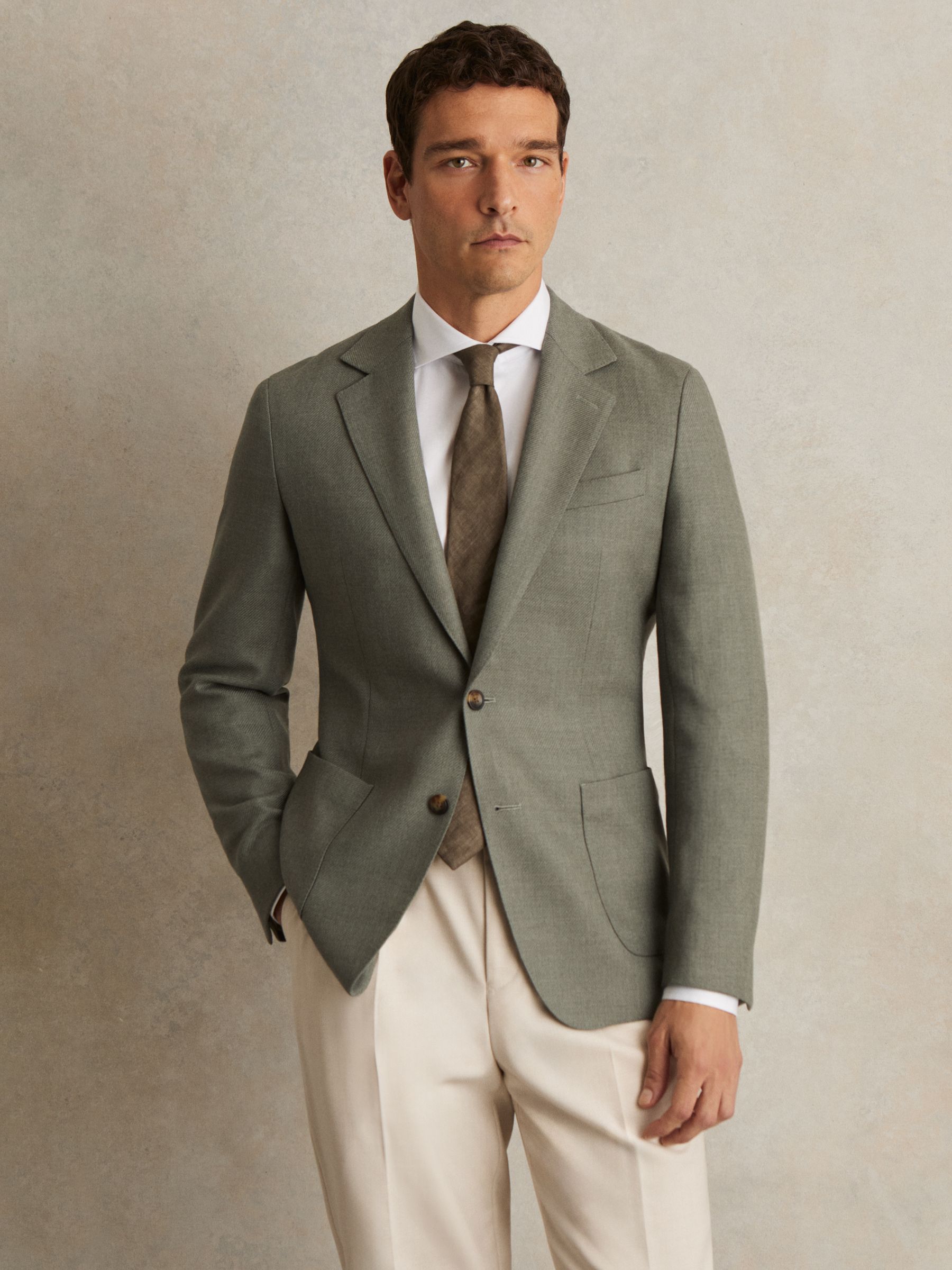 Wool-Blend Single-Breasted Blazer Slim-Fit in Sage Green - Image 1 of 7 Wool-Blend Single-Breasted Blazer Slim-Fit in Sage Green - Image 1 of 7
