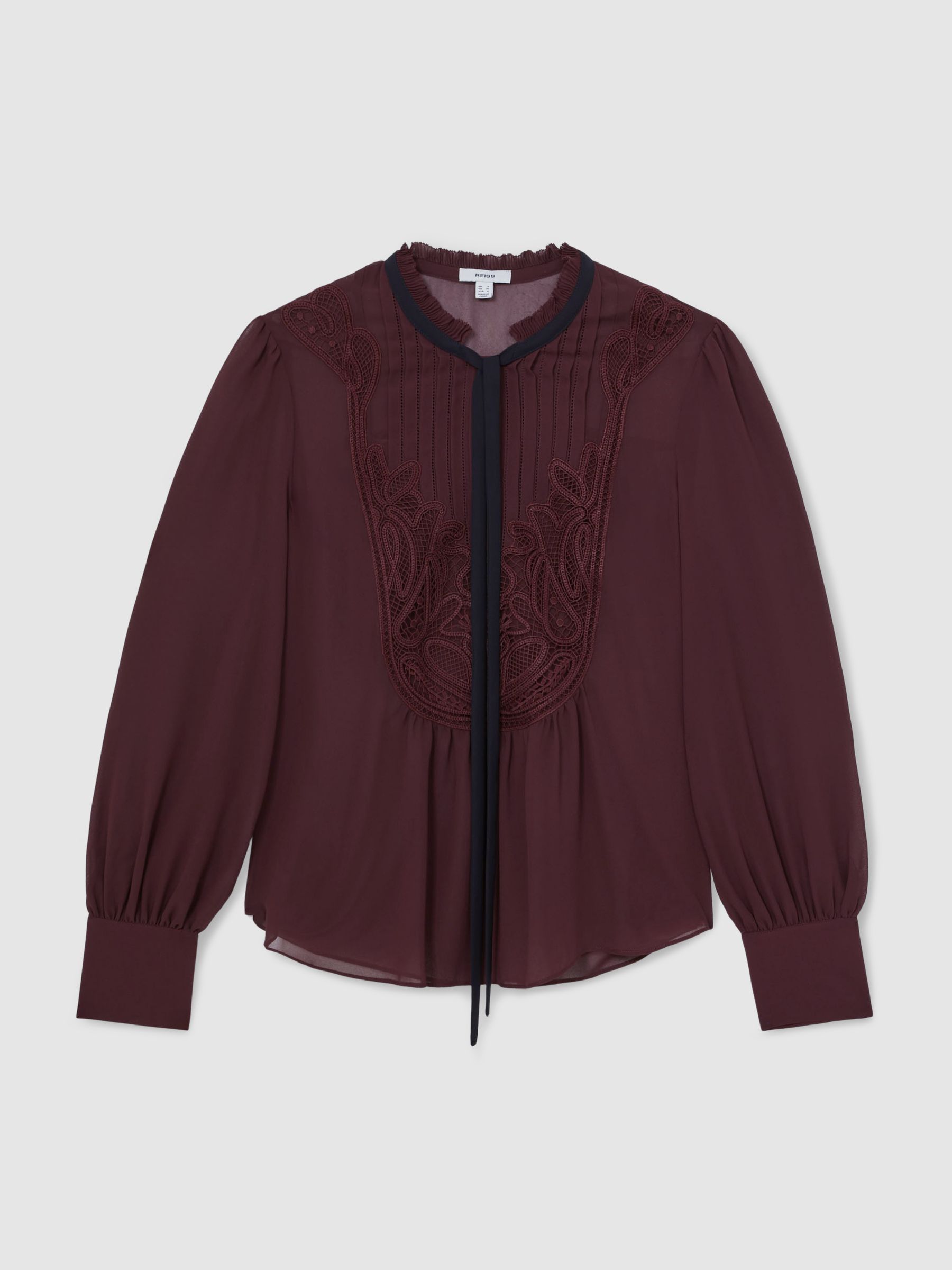 Lace-Embroidered Tie-Neck Shirt in Burgundy - Image 2 of 5