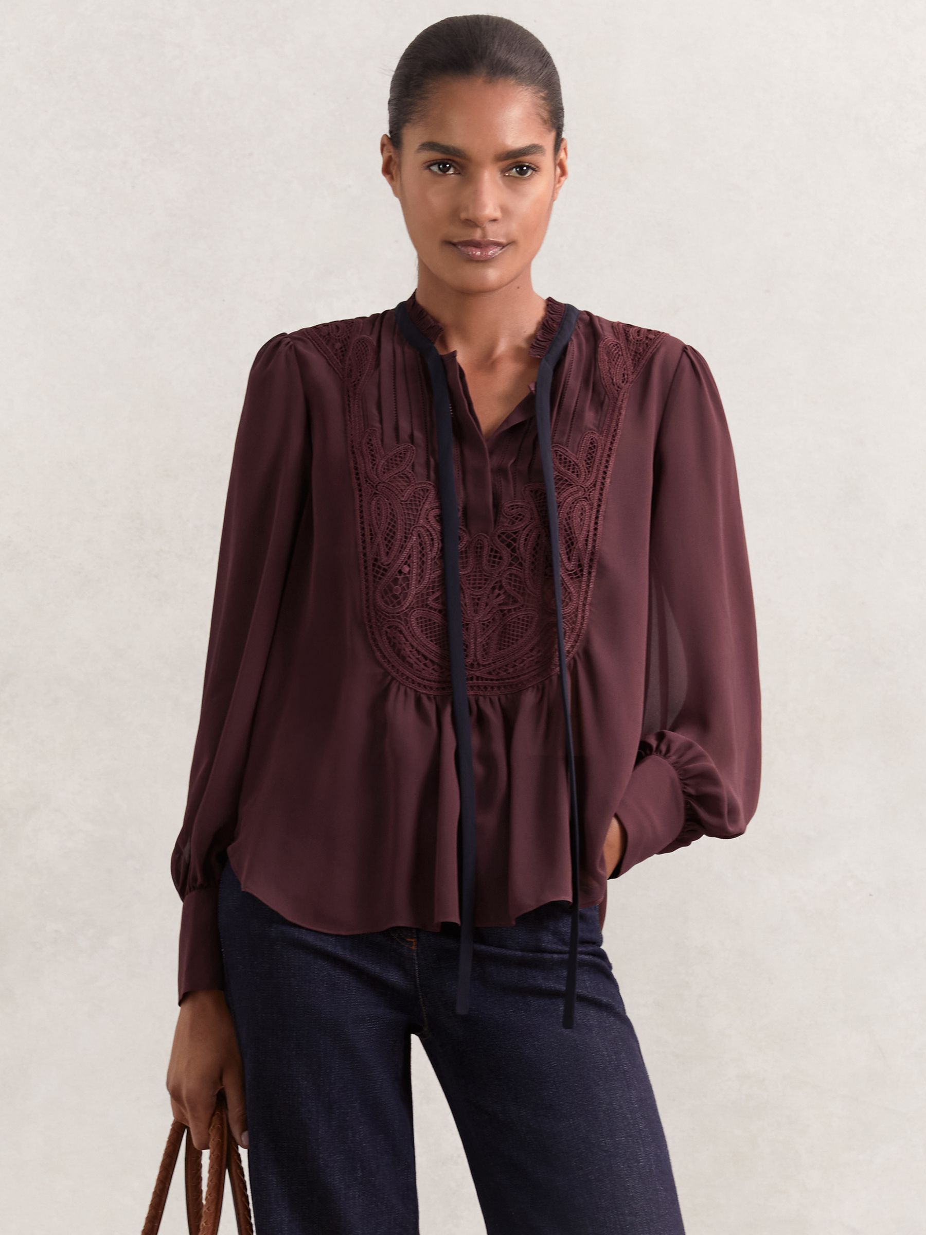 Lace-Embroidered Tie-Neck Shirt in Burgundy - Image 3 of 5