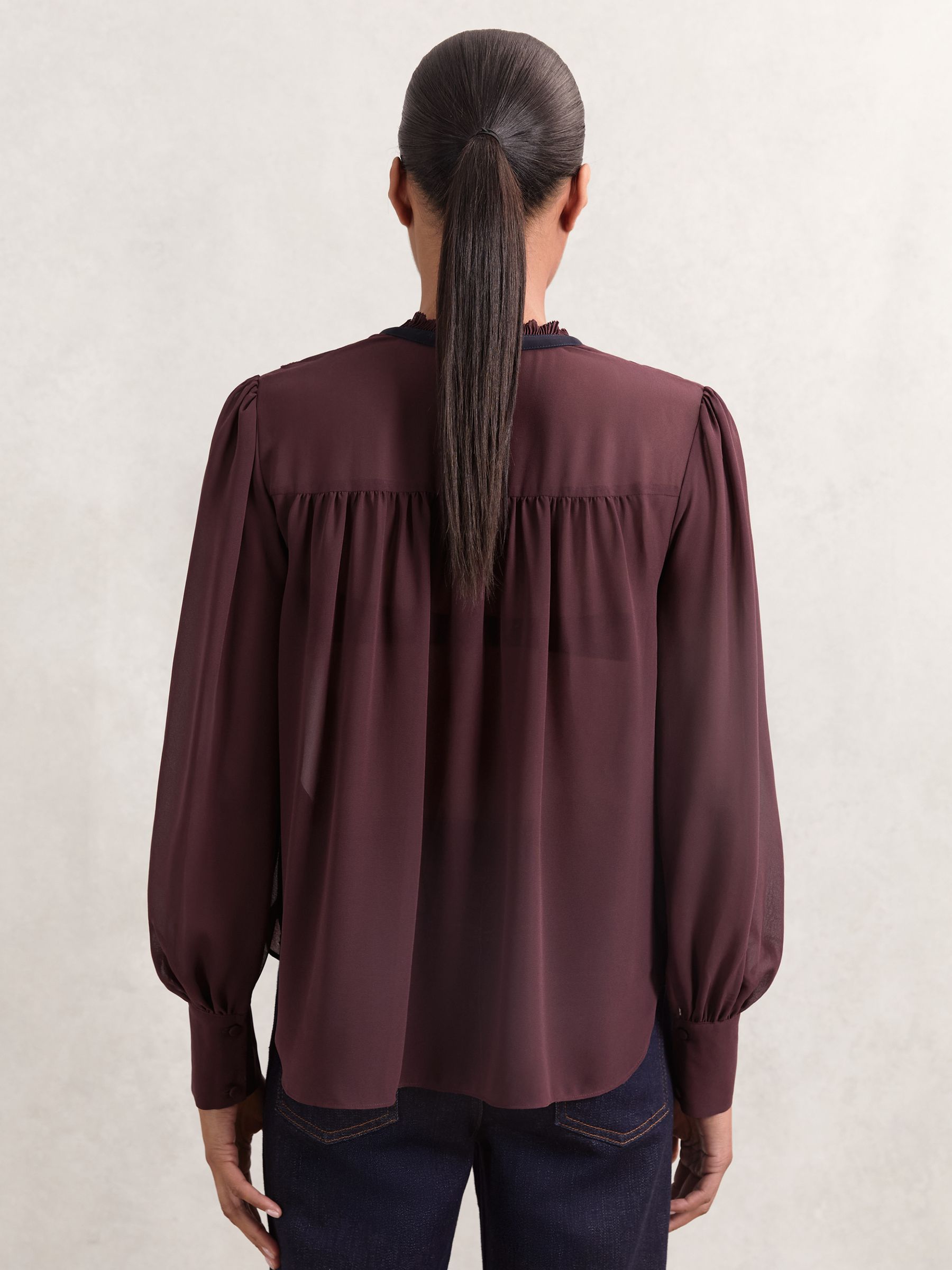 Lace-Embroidered Tie-Neck Shirt in Burgundy - Image 4 of 5