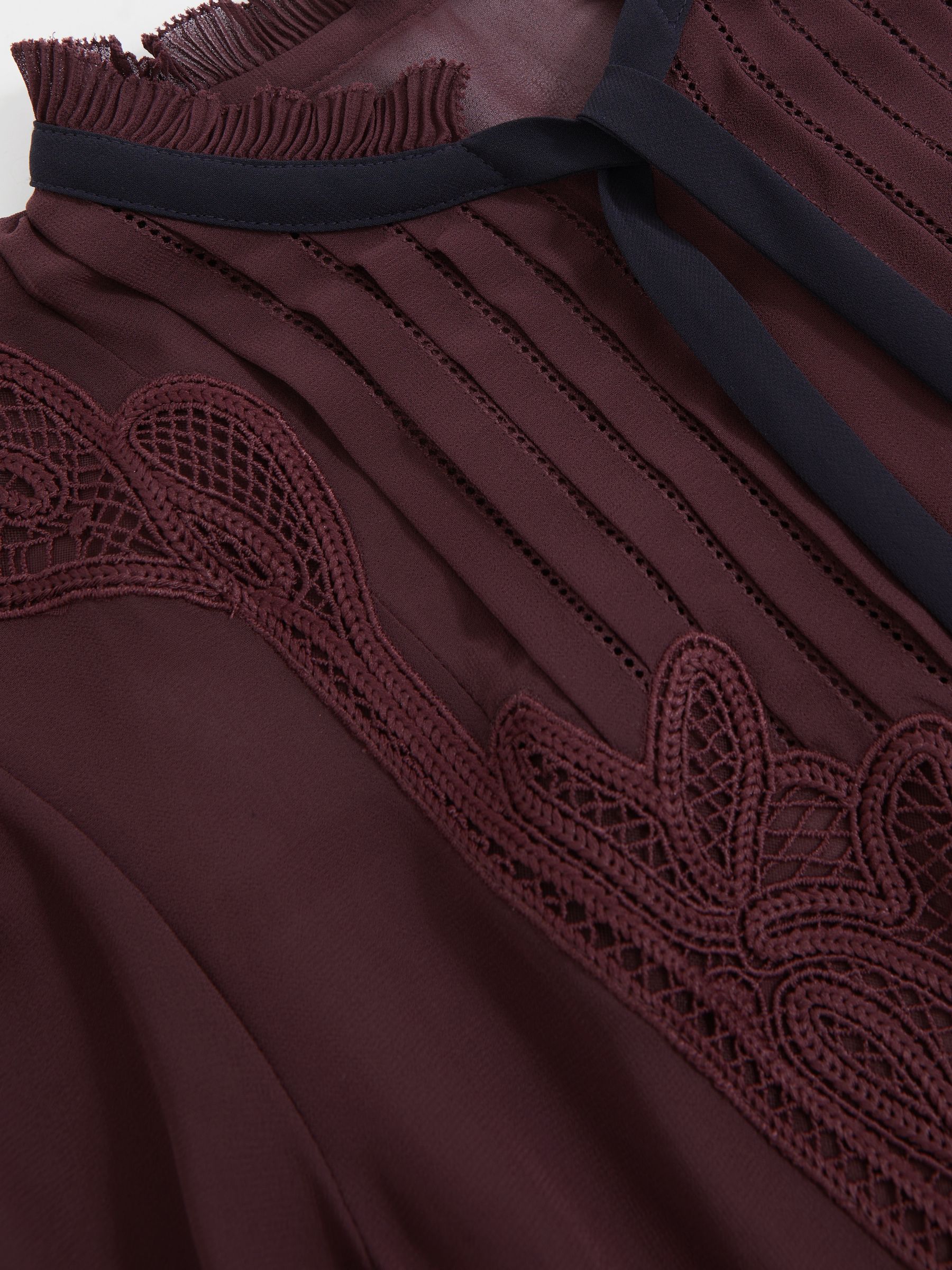 Lace-Embroidered Tie-Neck Shirt in Burgundy - image 3
