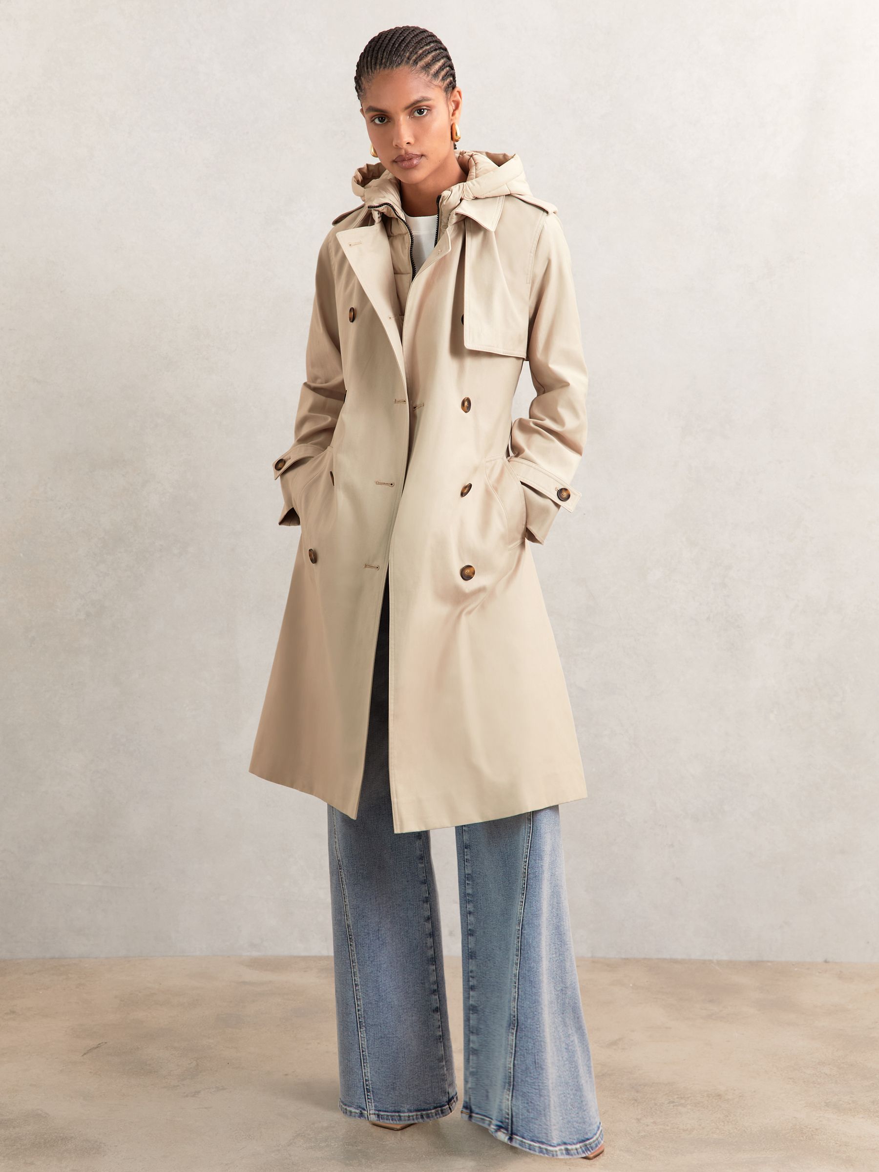 Reiss Petite Hooded Insert Trench Coat in Stone | REISS