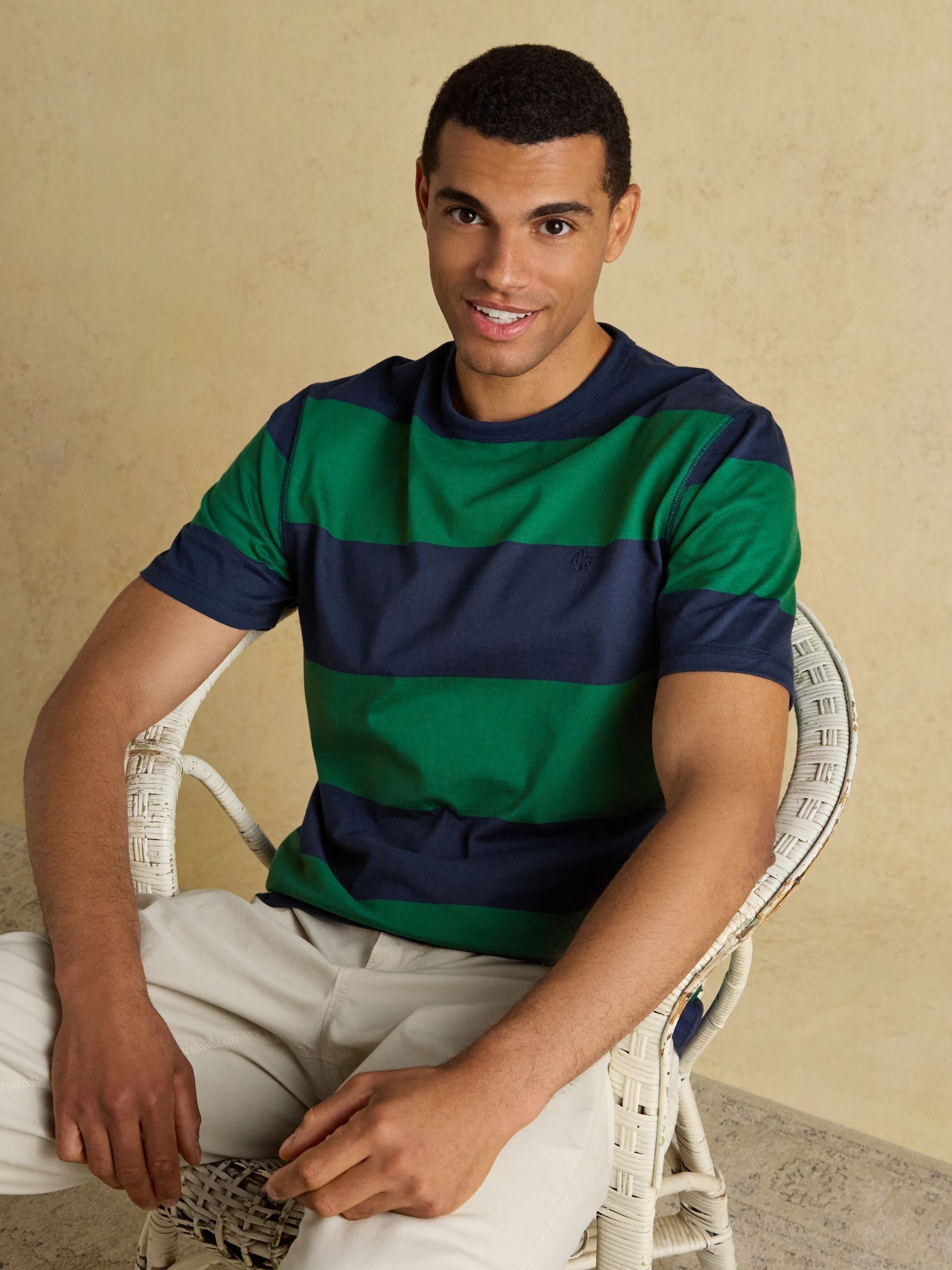Rugby Club Green & Navy Stripe Crew Neck Cotton T-Shirt - Image 3 of 8