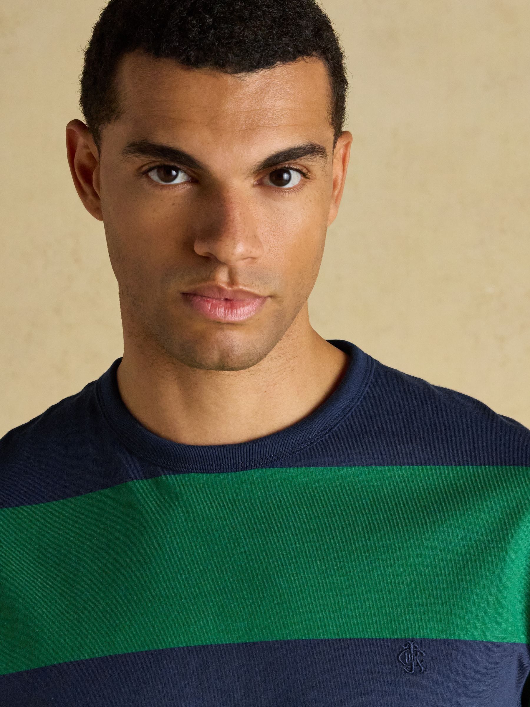 Rugby Club Green & Navy Stripe Crew Neck Cotton T-Shirt - Image 5 of 8