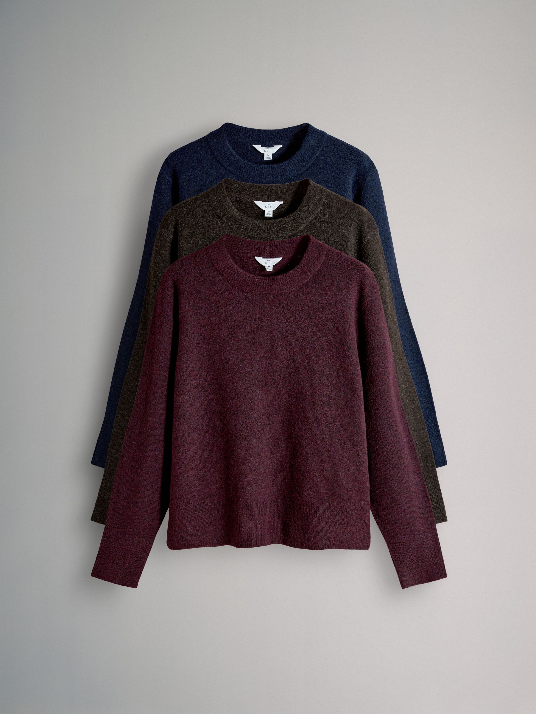 Navy Blue/Burgundy Red/Chocolate Brown 3 Pack Crew Neck Knitted Jumpers with Wool - Image 2 of 6 Navy Blue/Burgundy Red/Chocolate Brown 3 Pack Crew Neck Knitted Jumpers with Wool - Image 2 of 6