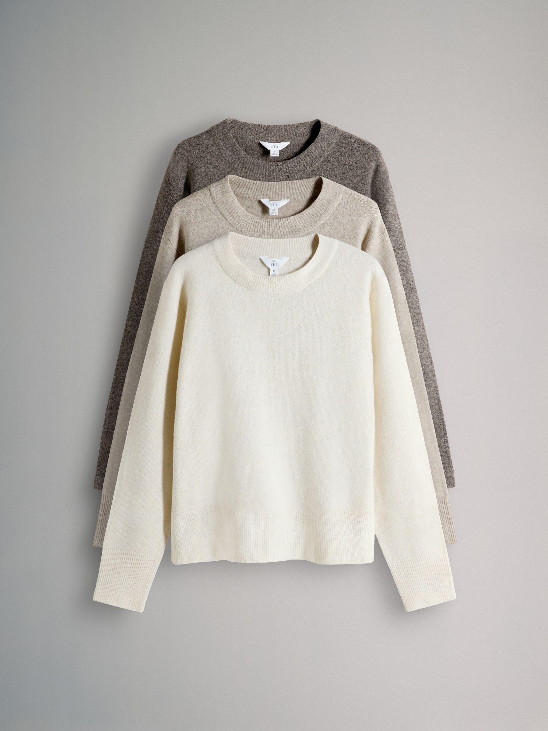 Brown Marl/Oatmeal/Cream 3 Pack Crew Neck Knitted Jumpers with Wool - Image 2 of 6