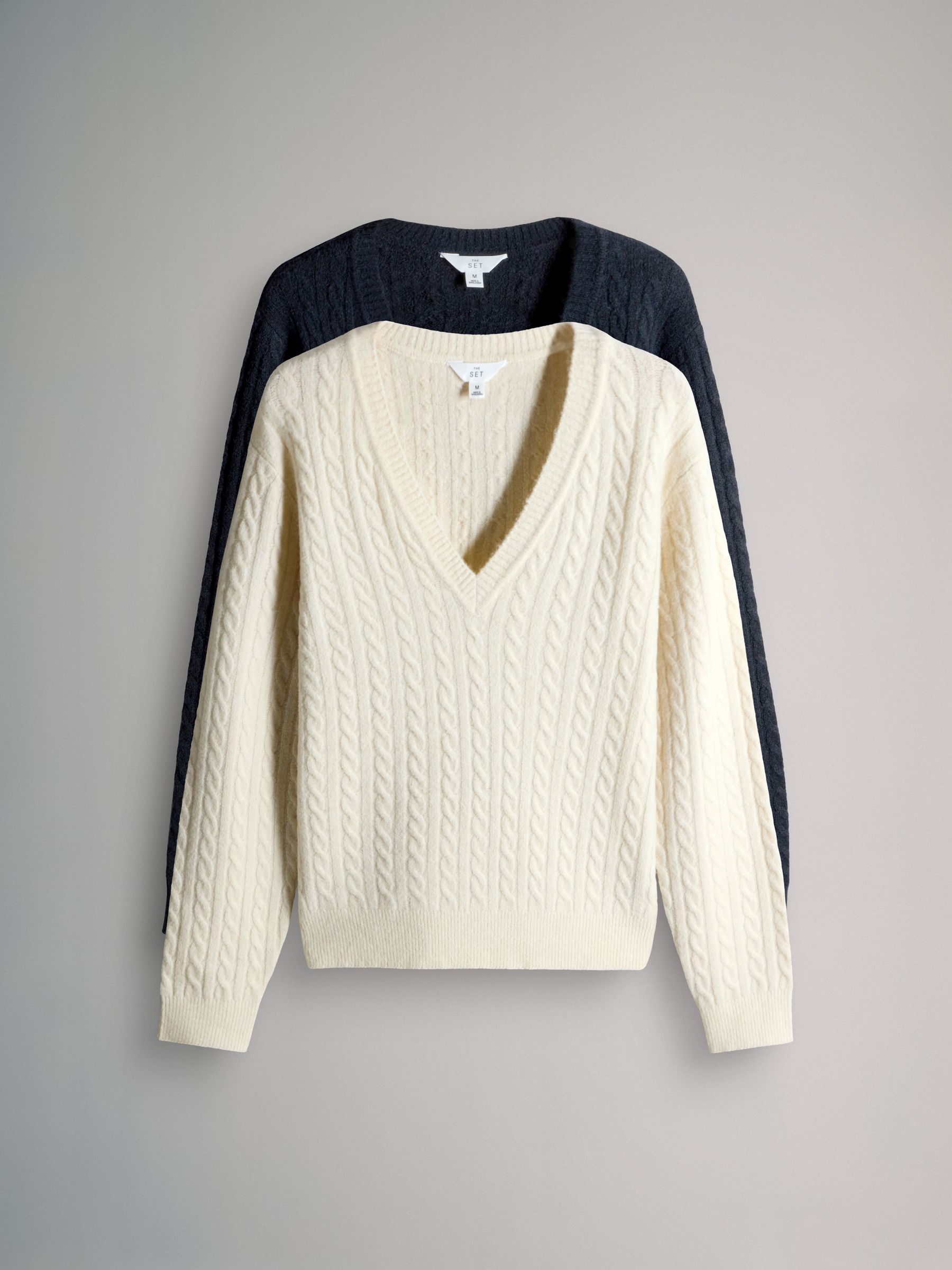 2 Pack Cable Knitted V-Neck Jumpers With Wool - Image 2 of 9