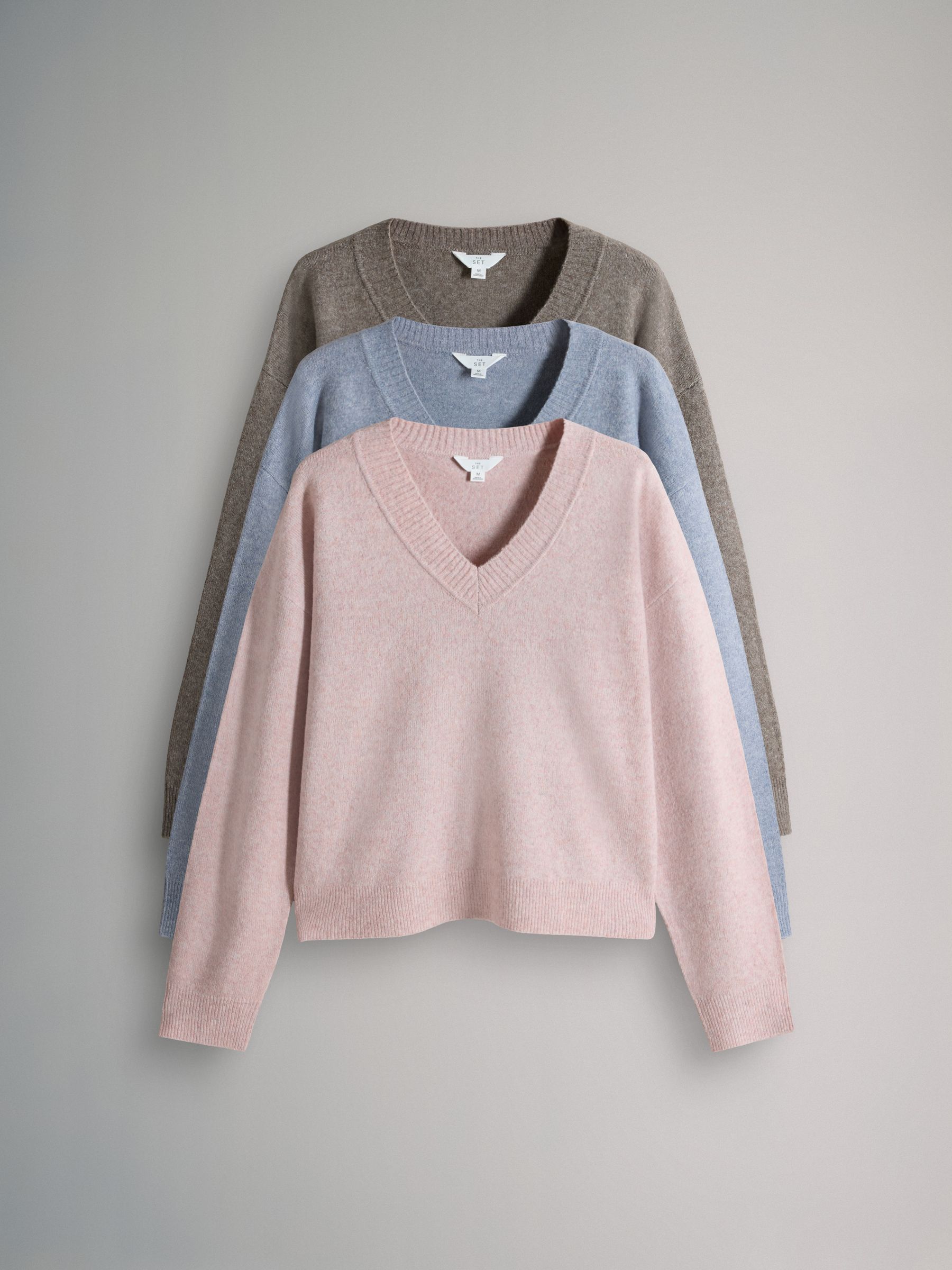 Taupe Brown/Light Pink/ Blue - 3 Pack Knitted V-Neck Jumpers With Wool - Image 2 of 11
