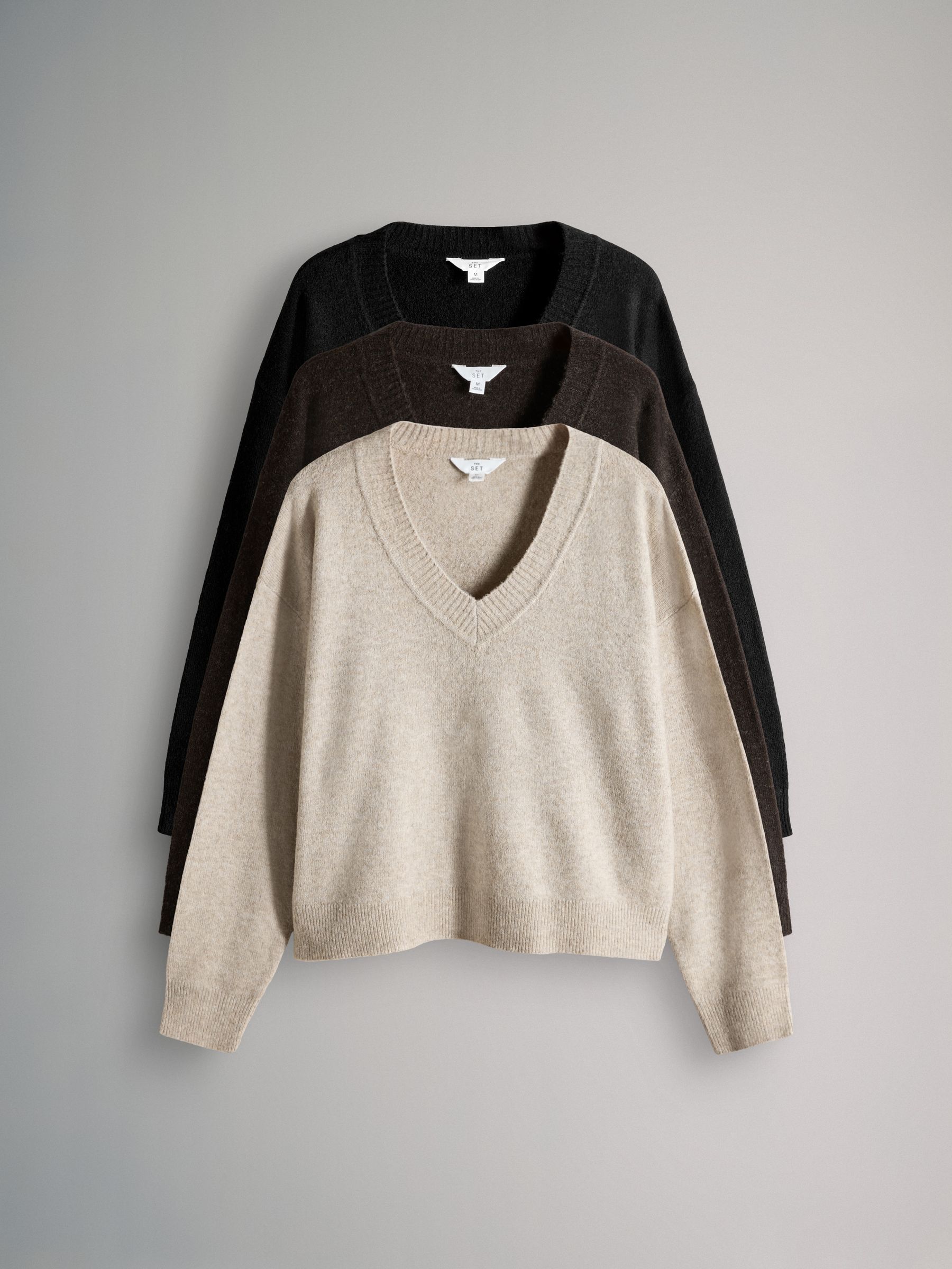 Black/Chocolate Brown/Cream - 3 Pack Knitted V-Neck Jumpers With Wool - Image 1 of 6
