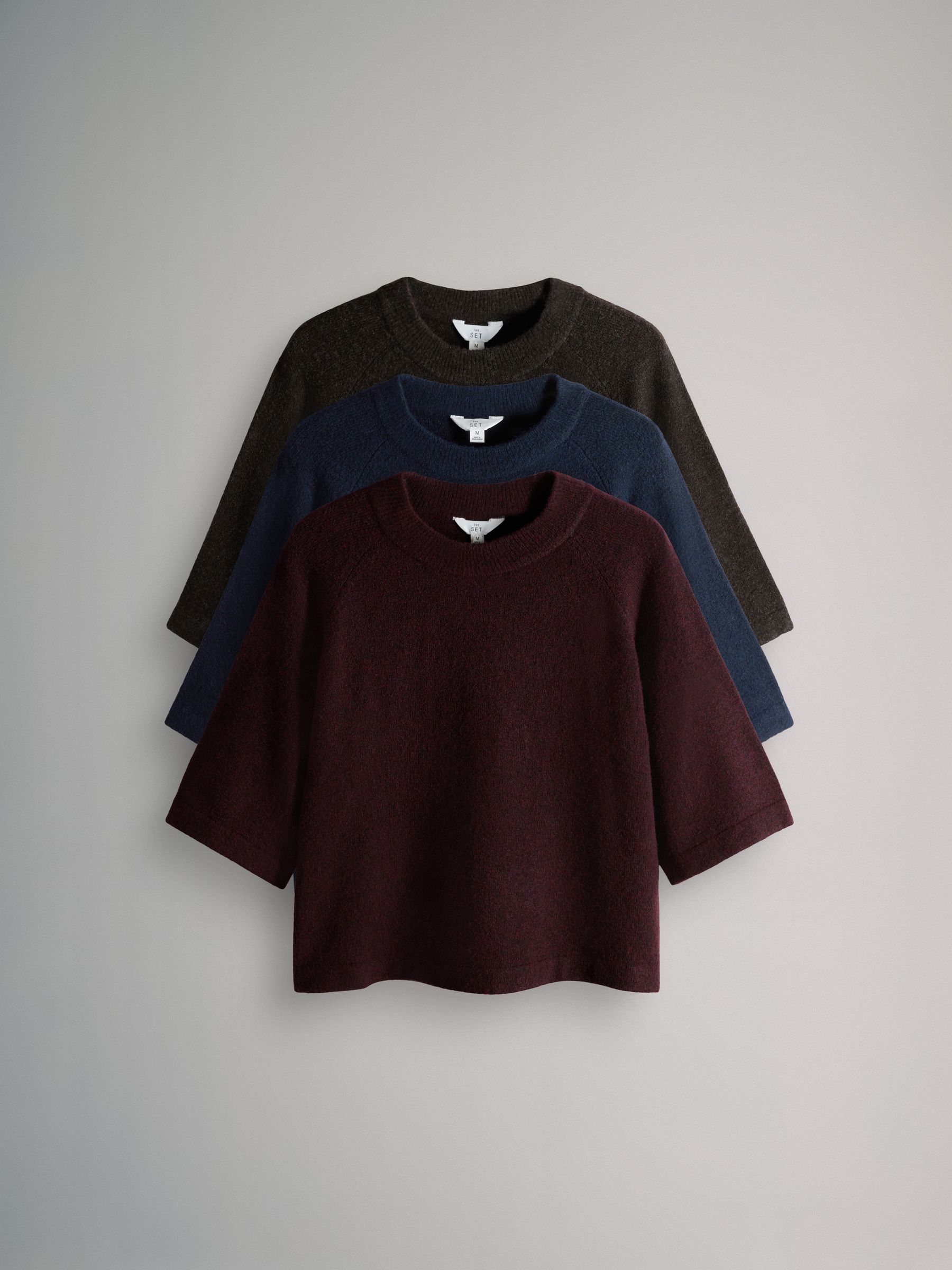 Navy Blue/Chocolate Brown/Burgundy Red - 3 Pack Knitted T-Shirt With Wool - Image 2 of 10