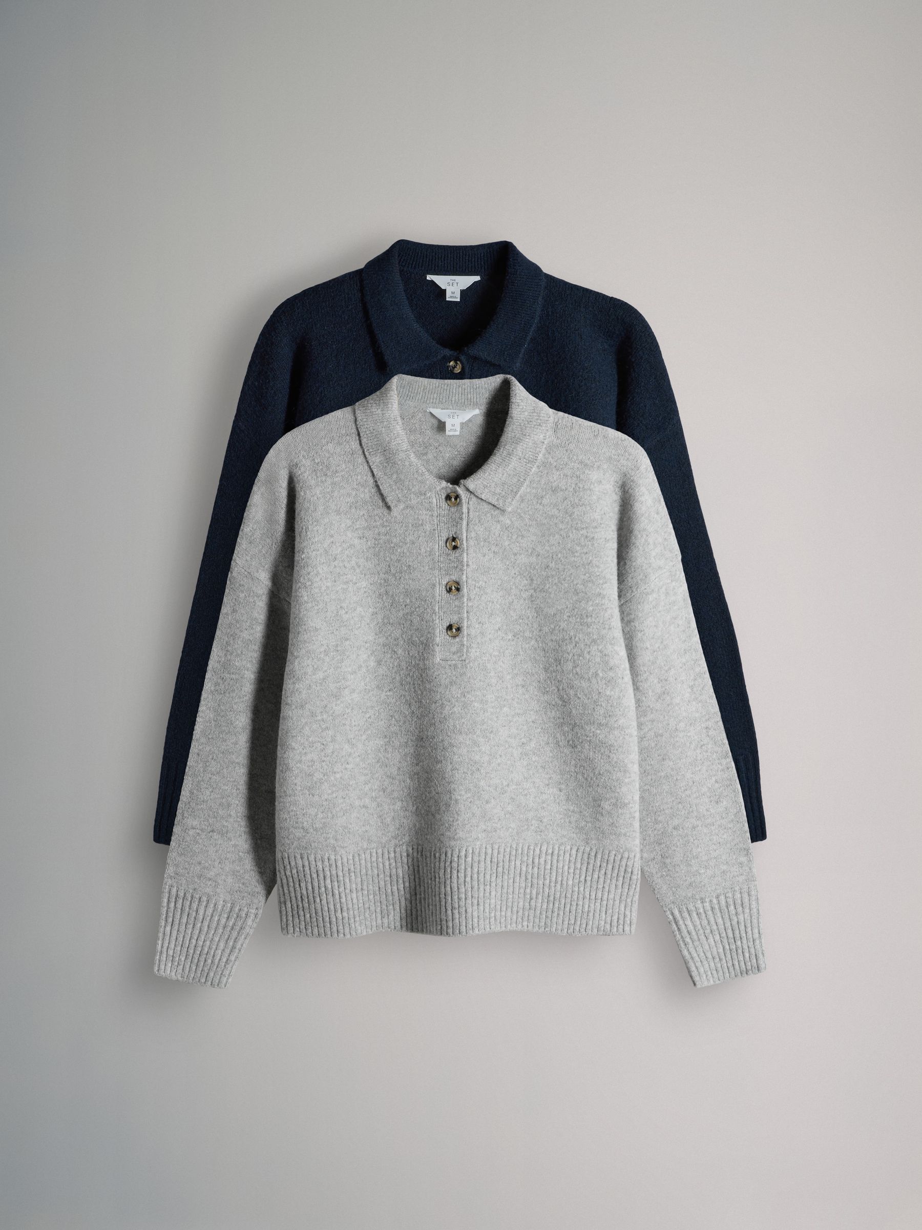 Navy Blue/Grey Marl - 2 Pack Knitted Collar Jumpers With Wool - Image 2 of 10