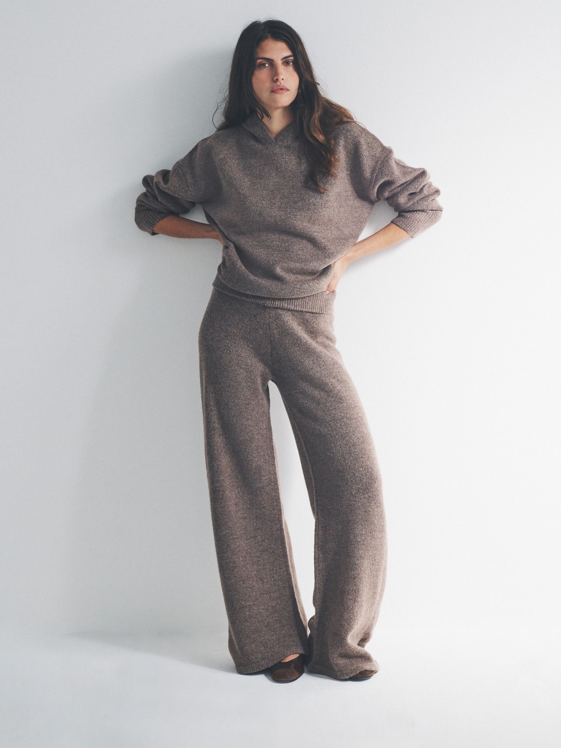 Brown Marl Knitted Hoodie & Wide Leg Joggers Co-ord Set - Image 1 of 6