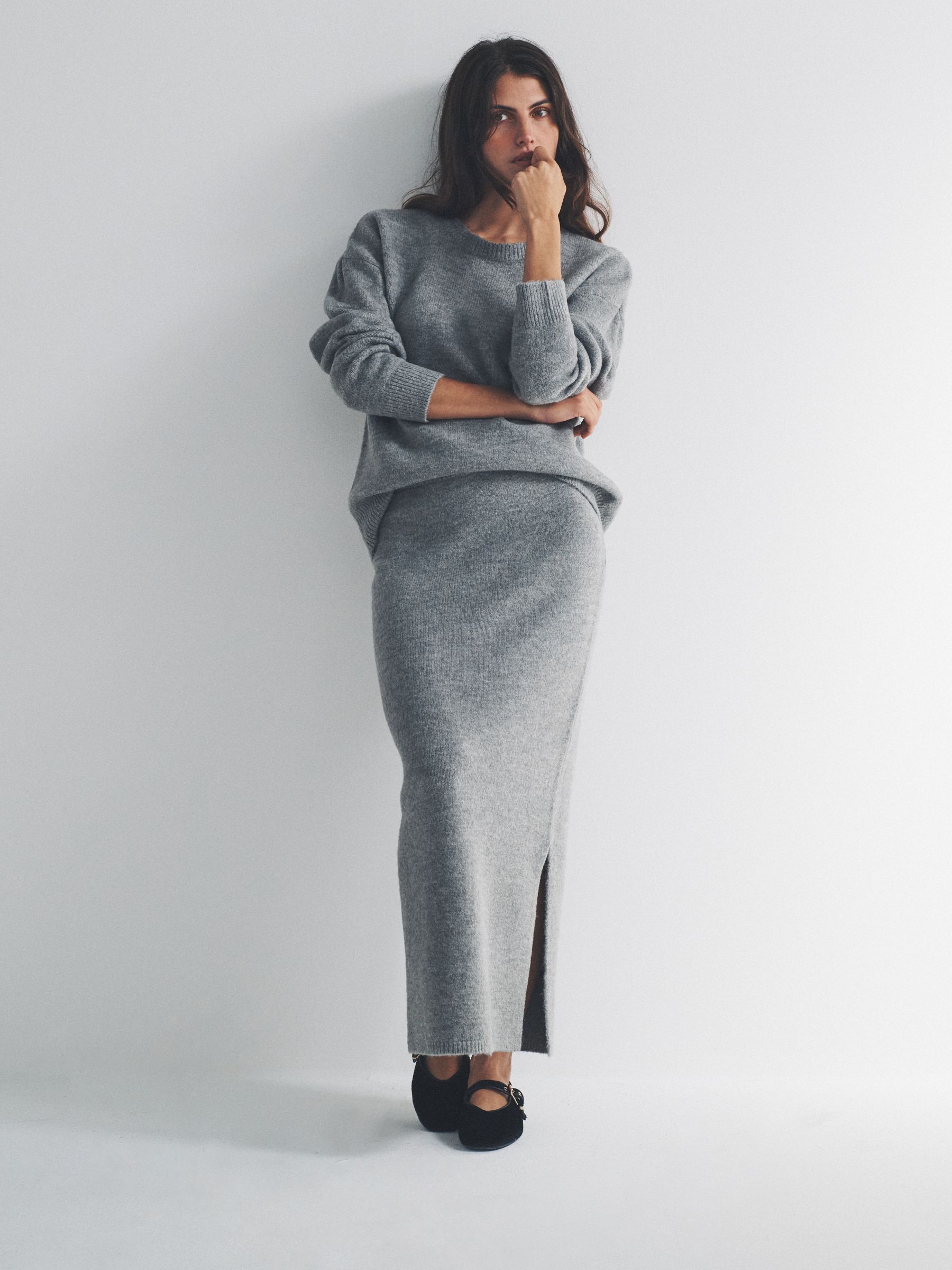 Light Grey Marl Knitted Crew Neck Jumper and Skirt Co-Ord - Image 5 of 6