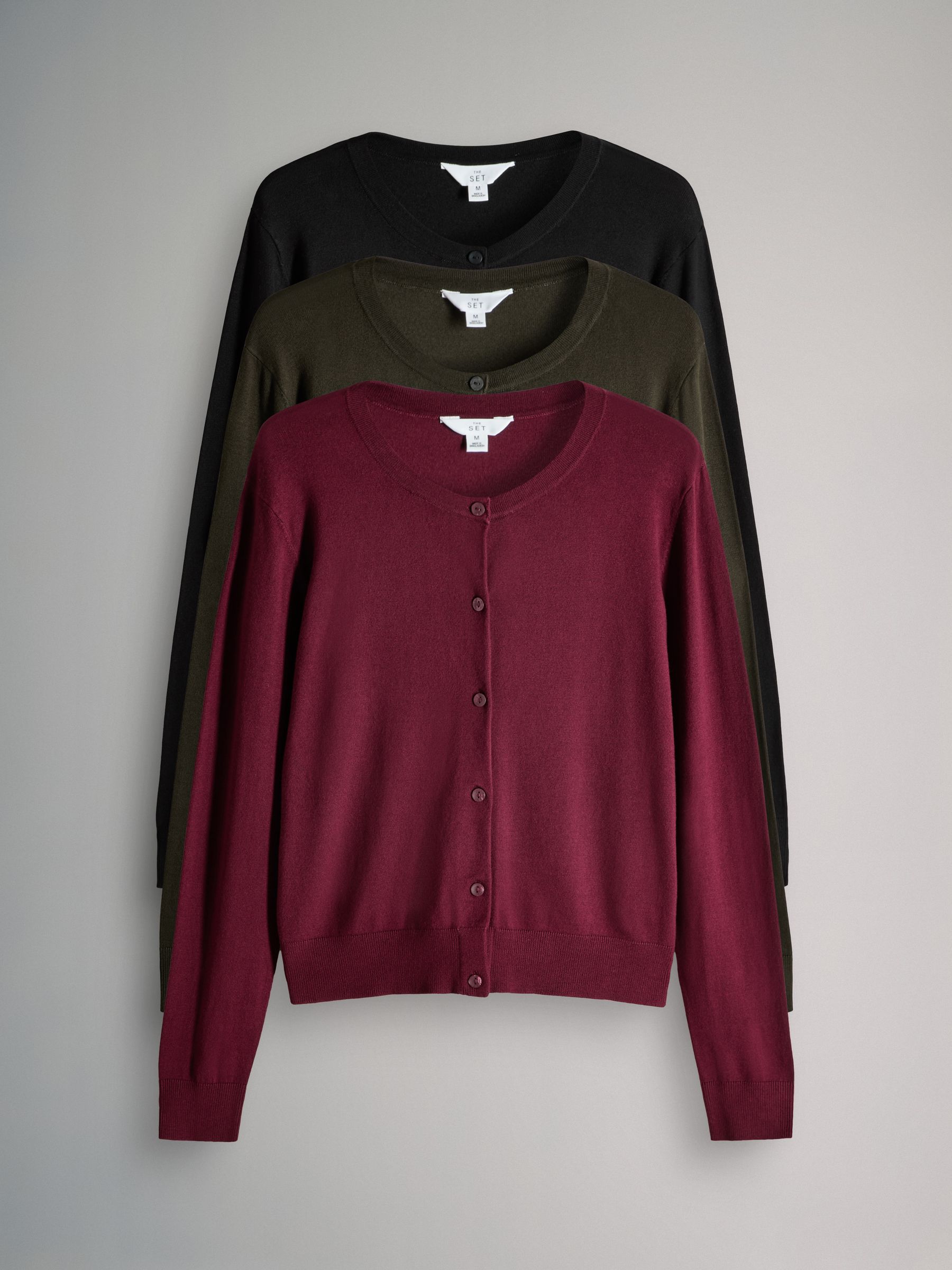 Black/Red/Khaki Green - 3 Pack Fine Knit Button Through Cardigans - Image 1 of 6 Black/Red/Khaki Green - 3 Pack Fine Knit Button Through Cardigans - Image 1 of 6