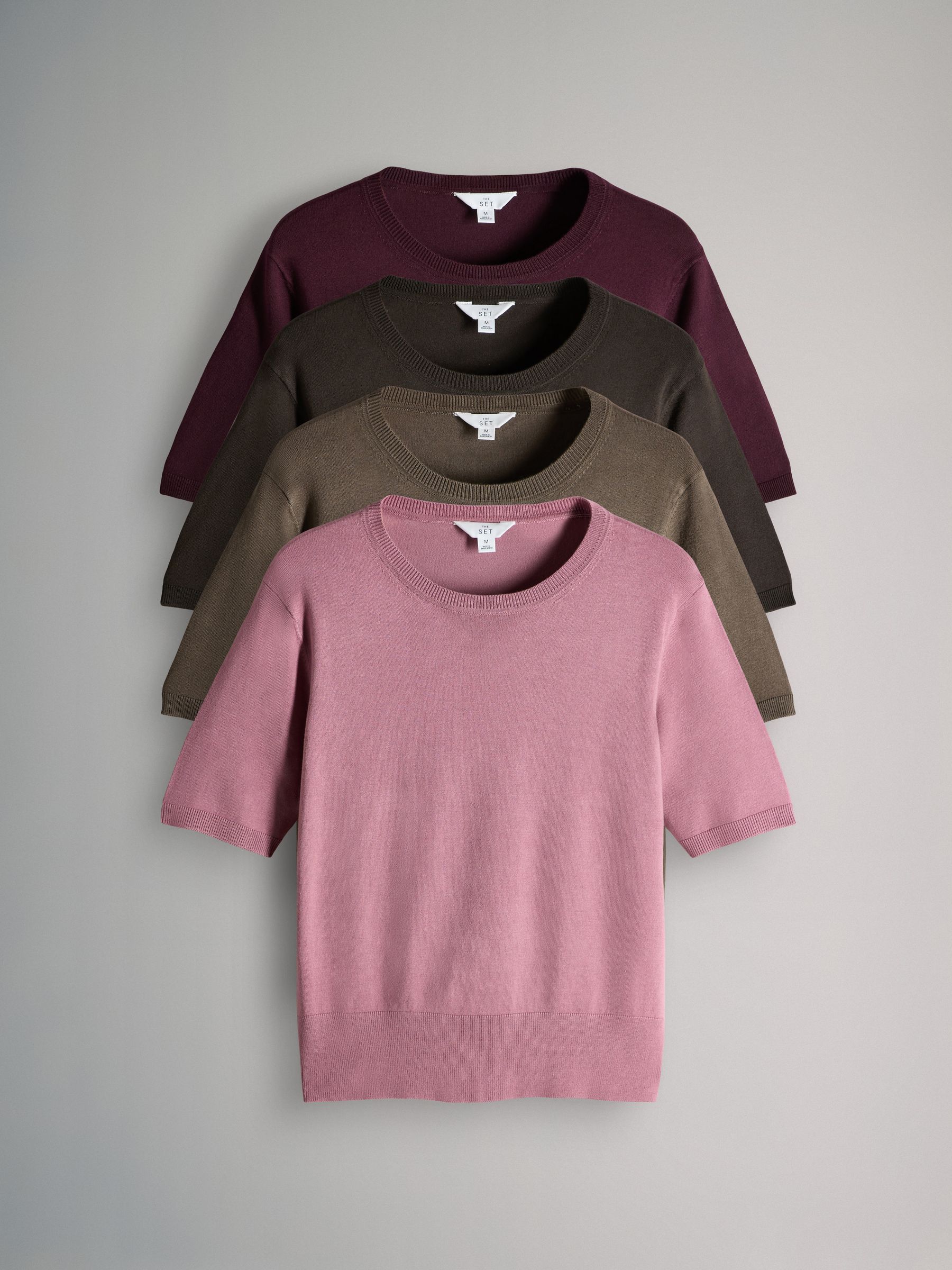 Chocolate Brown/Burgundy/Dark Pink/Brown - 4 Pack Long Sleeve Fine Knit T-Shirts - Image 1 of 6