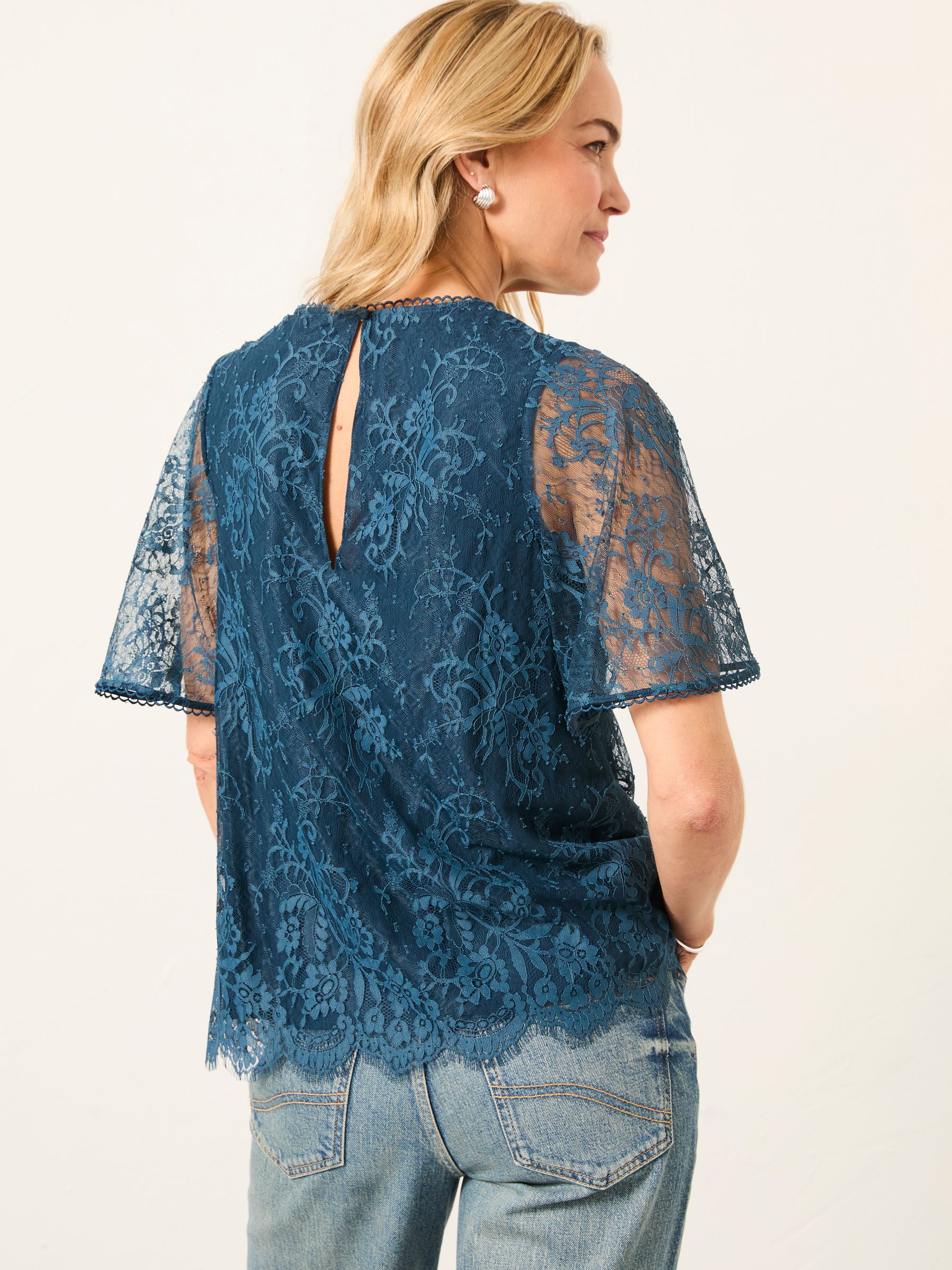 Claudi Teal Blue Lace Round Neck Blouse - Image 2 of 5