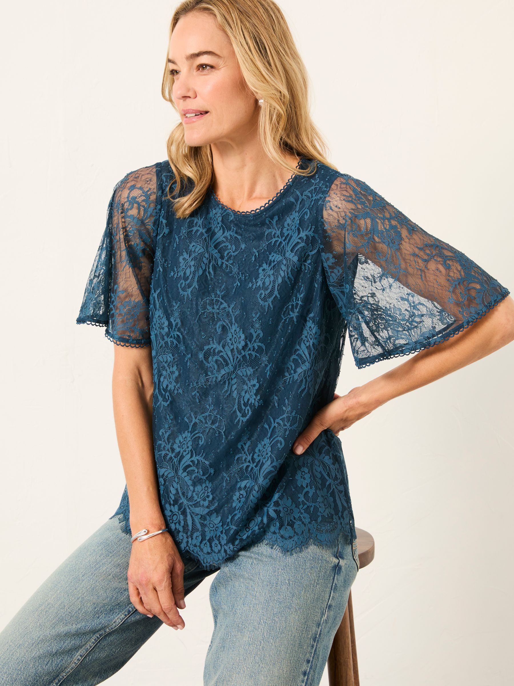 Claudi Teal Blue Lace Round Neck Blouse - Image 3 of 5