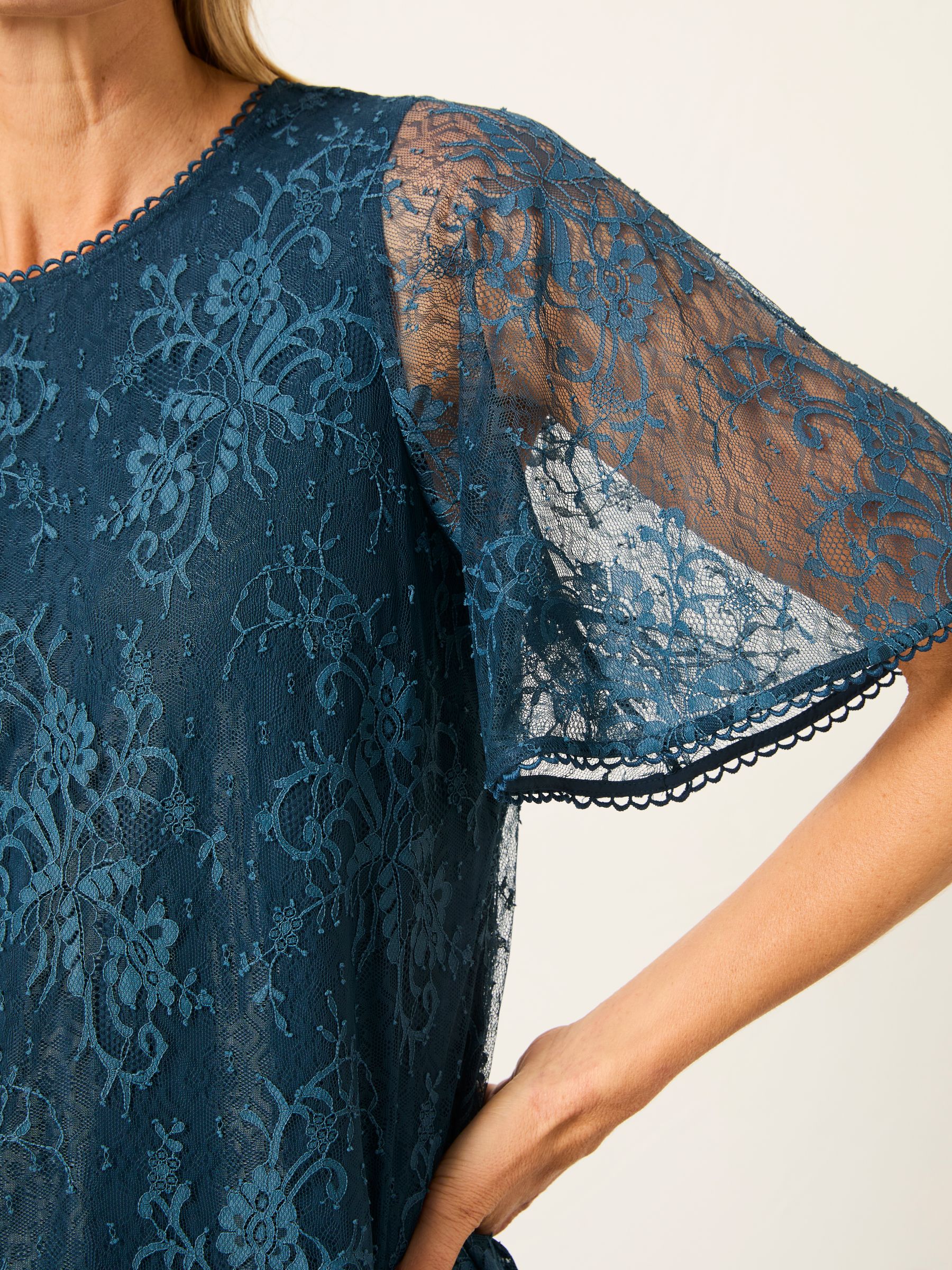 Claudi Teal Blue Lace Round Neck Blouse - Image 4 of 5