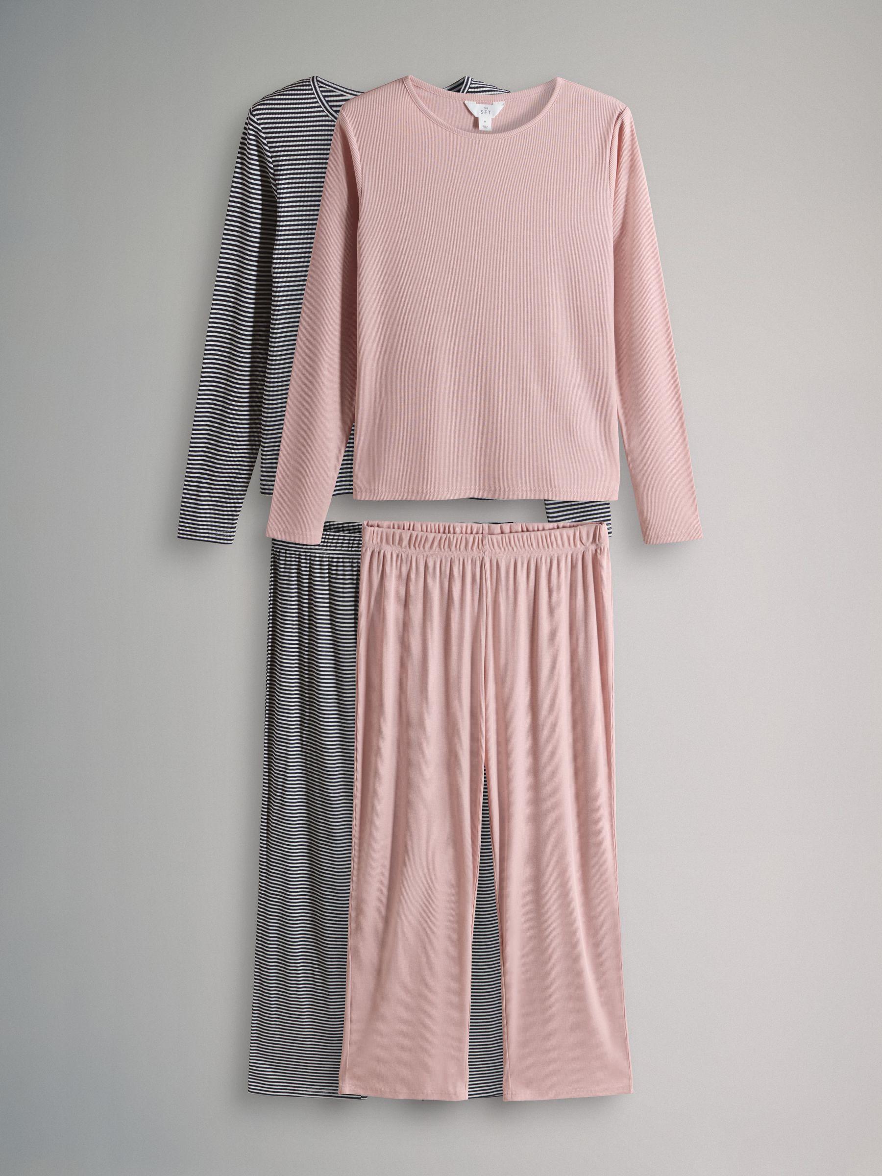Baby Pink/Stripe - 2 Pack Soft Touch Ribbed Long Sleeve Leg Pyjamas - Image 1 of 7 Baby Pink/Stripe - 2 Pack Soft Touch Ribbed Long Sleeve Leg Pyjamas - Image 1 of 7