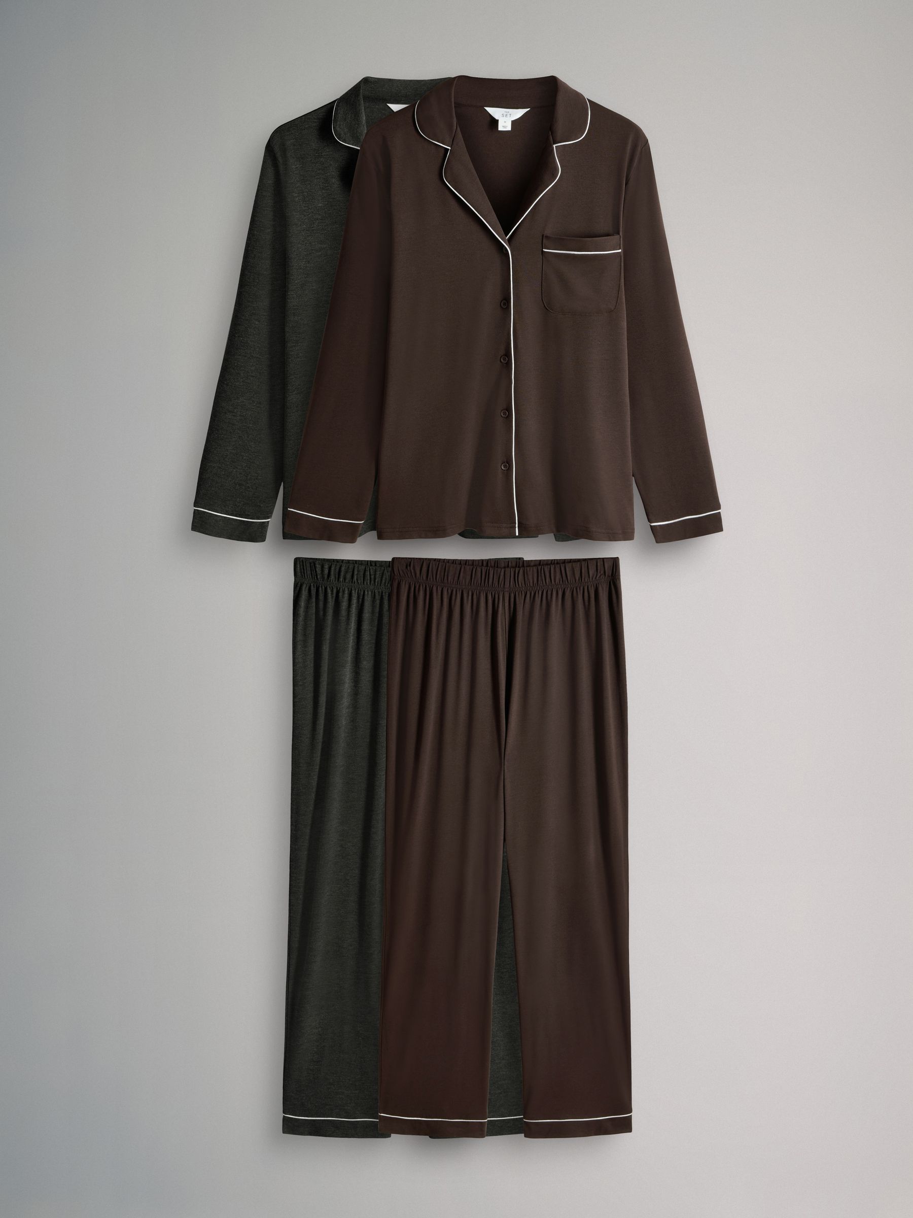 Chocolate Brown / Charcoal Marl - 2 Pack Viscose Blend Button Through Long Pyjamas with Piping - Image 1 of 6 Chocolate Brown / Charcoal Marl - 2 Pack Viscose Blend Button Through Long Pyjamas with Piping - Image 1 of 6