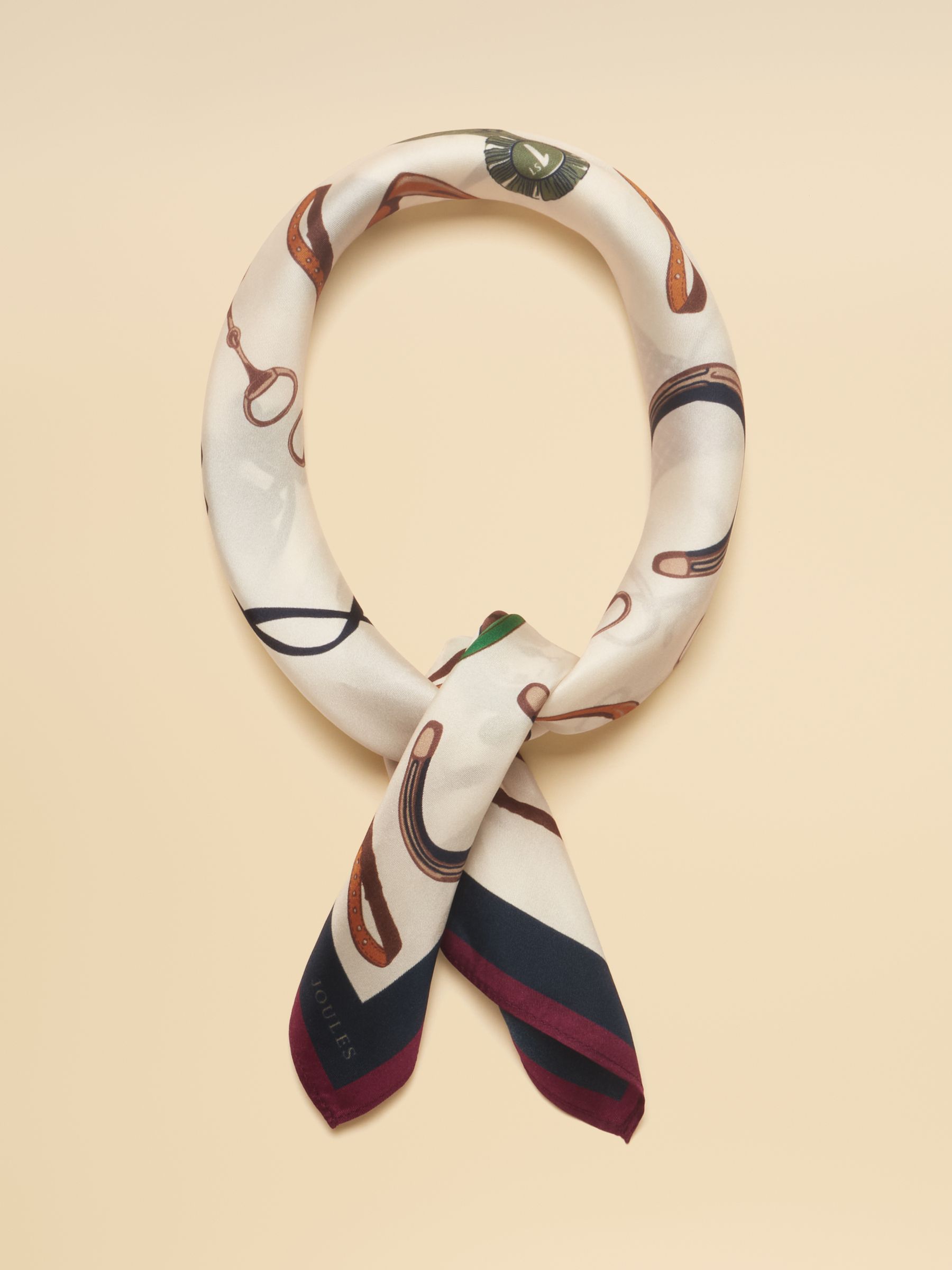Elsie Cream Navy Equestrian Square 100% Silk Scarf | Joules