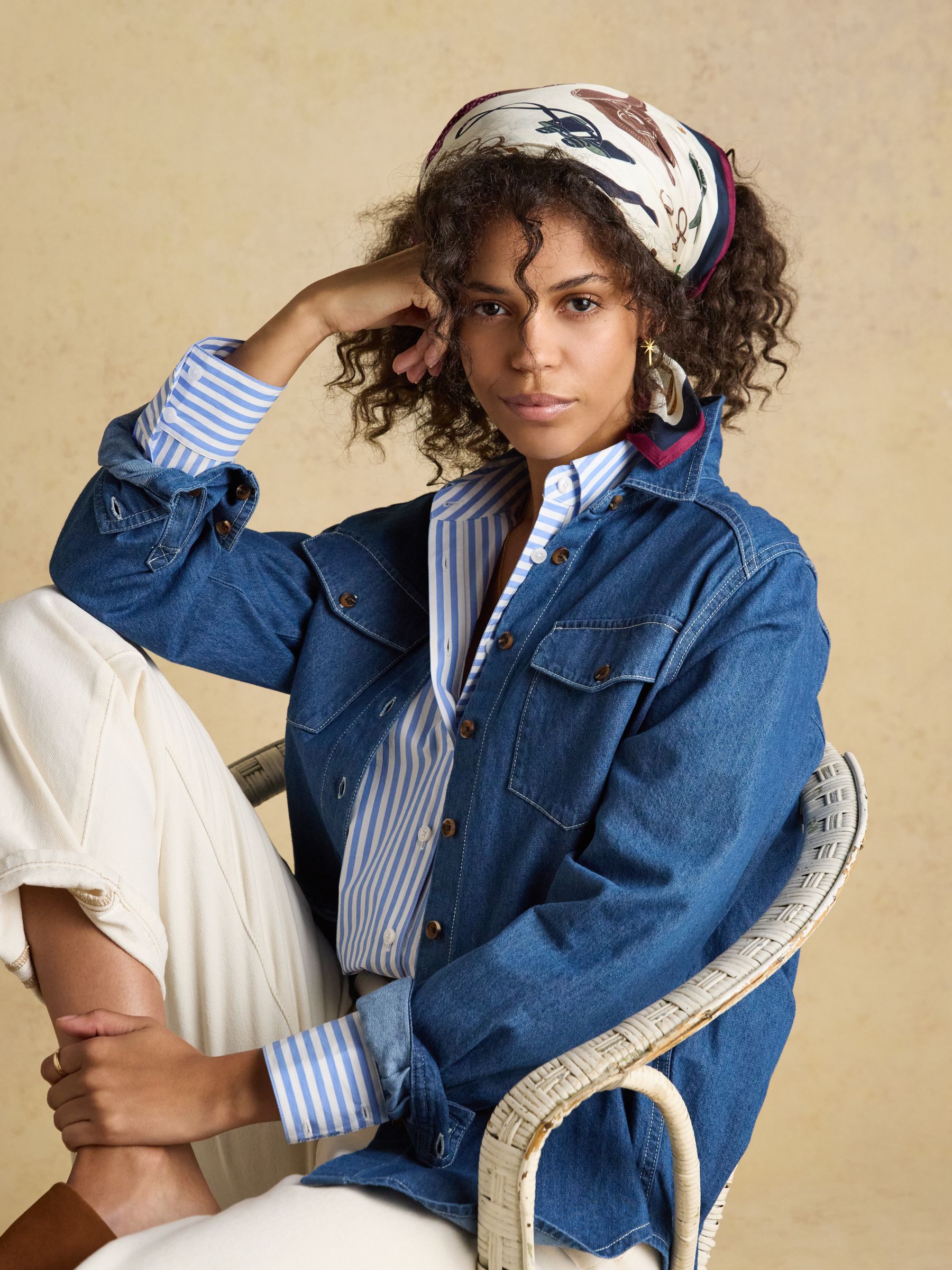 Elsie Cream Navy Equestrian Square 100% Silk Scarf - Image 5 of 6