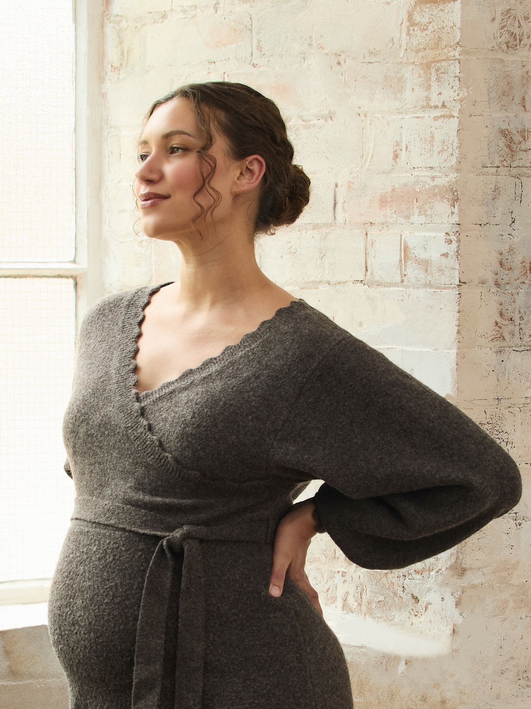 Mocha Blouson Sleeve Maternity Knitted Midi Dress - Image 2 of 10