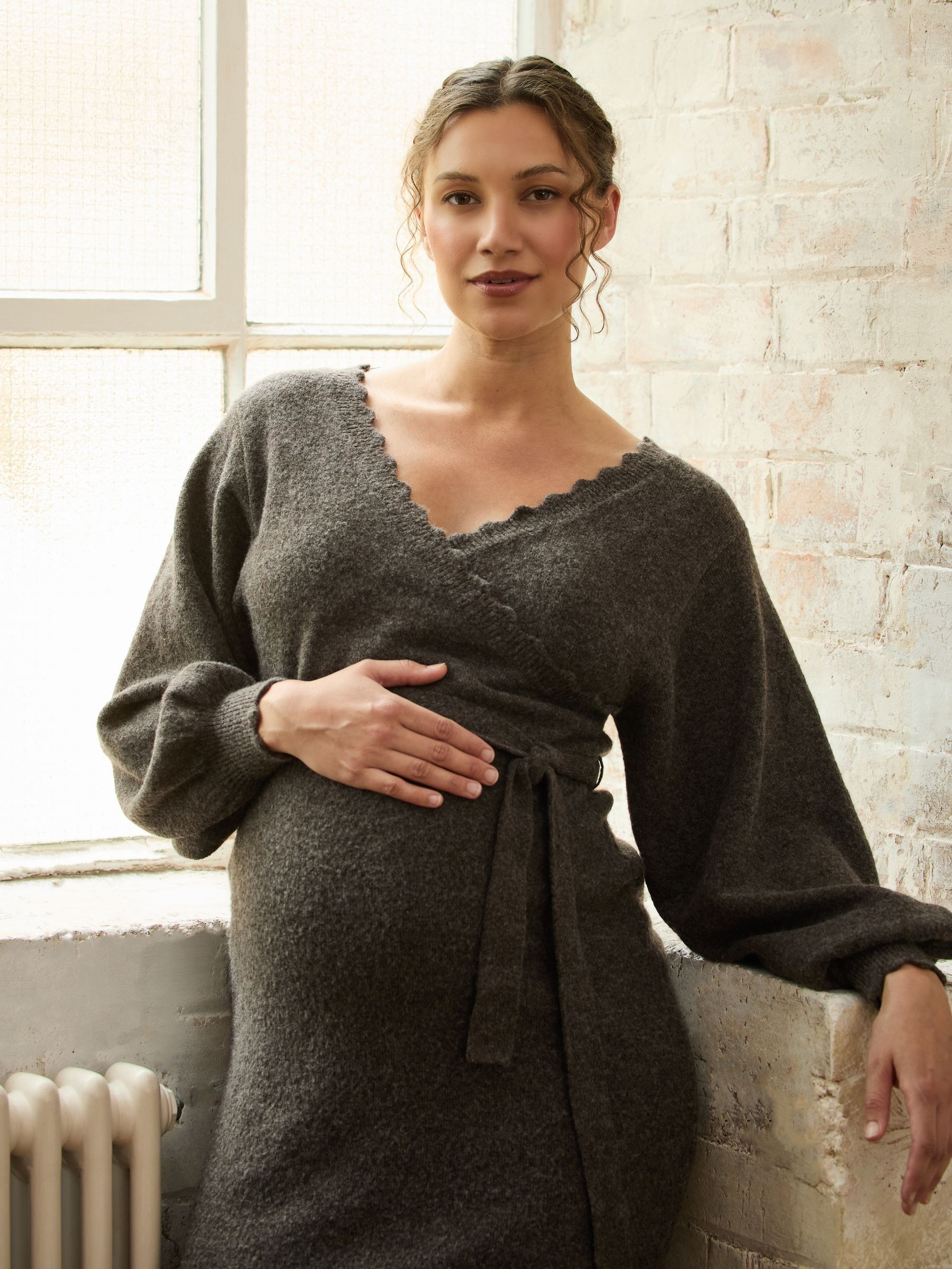 Mocha Blouson Sleeve Maternity Knitted Midi Dress - Image 3 of 10