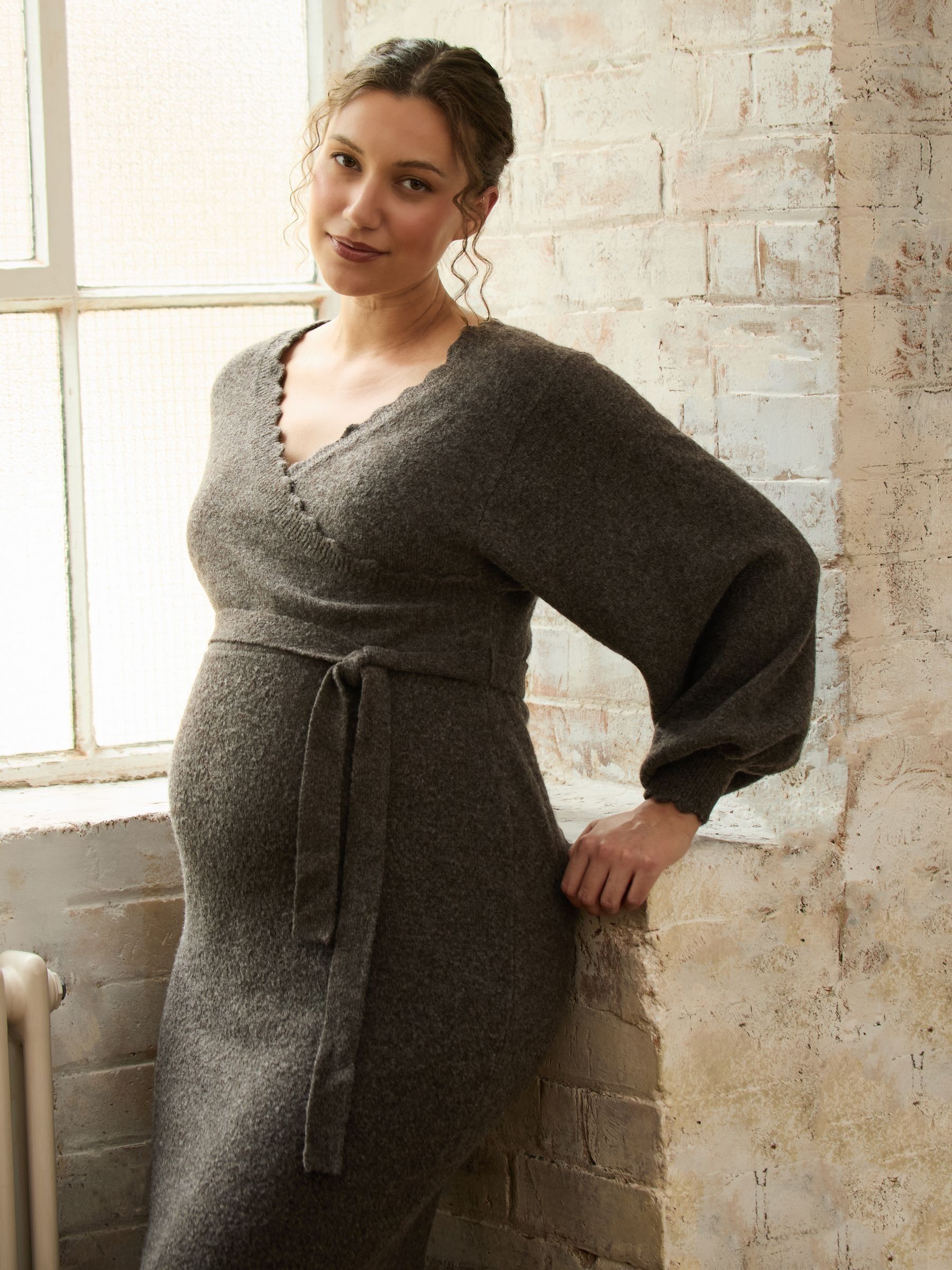 Mocha Blouson Sleeve Maternity Knitted Midi Dress - Image 5 of 10