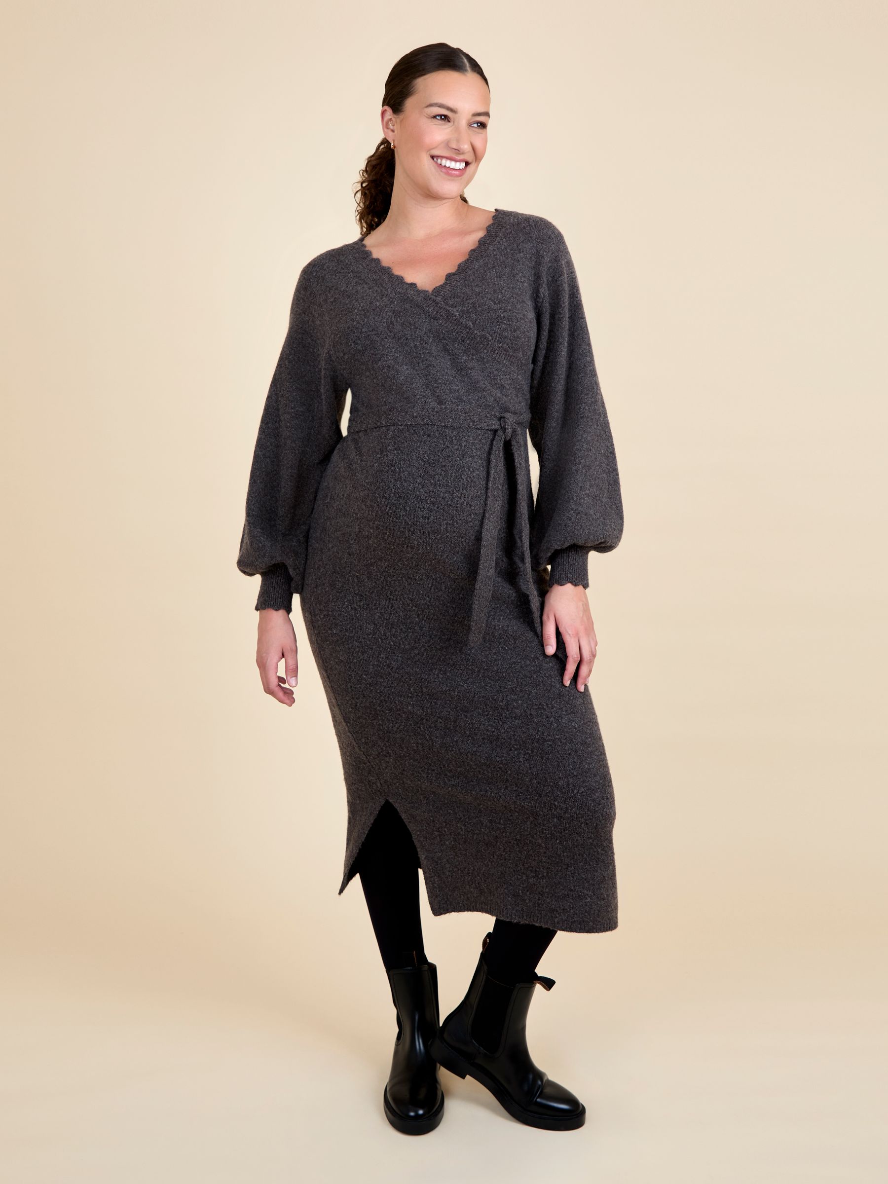 Mocha Blouson Sleeve Maternity Knitted Midi Dress - Image 6 of 10