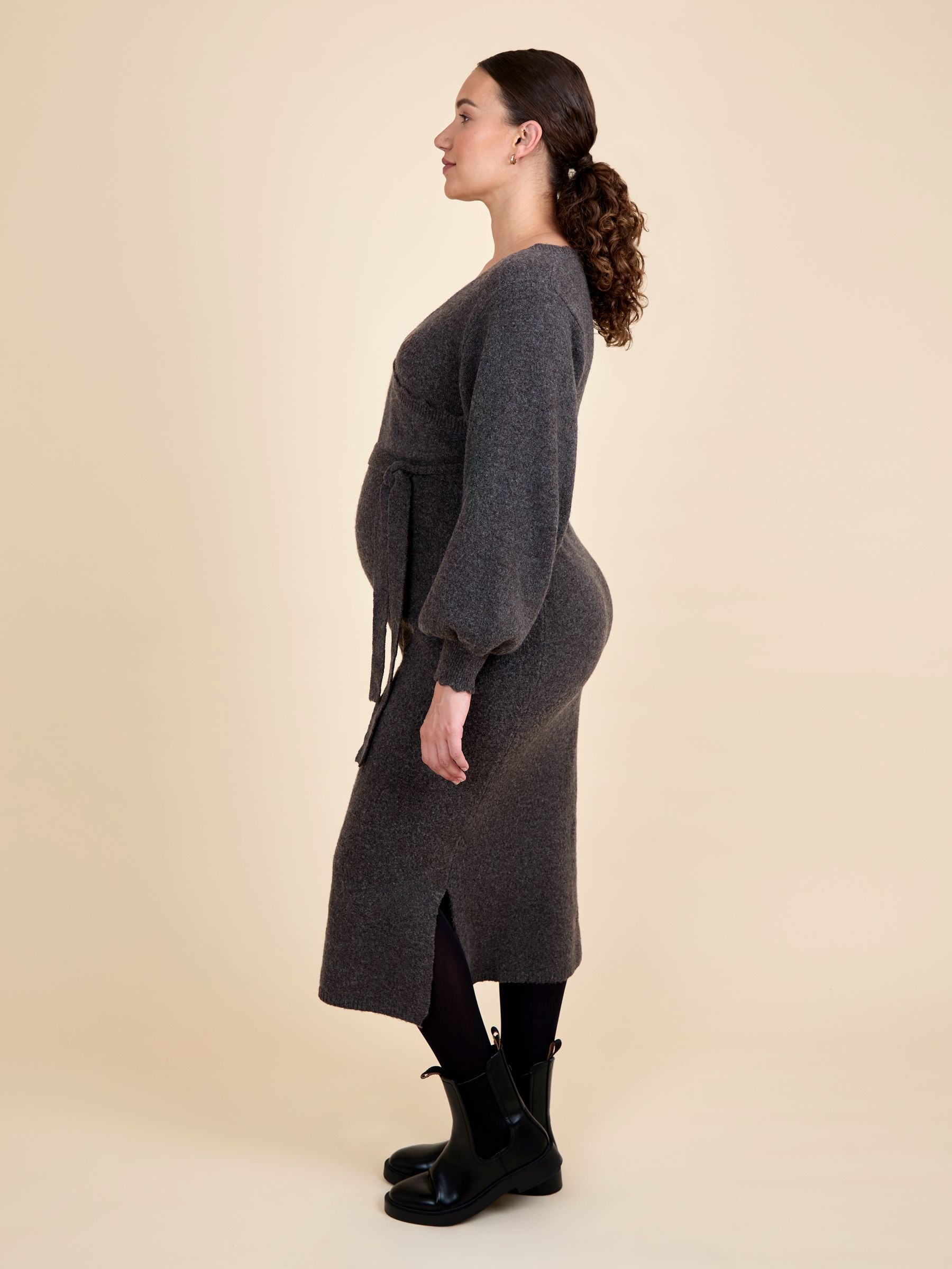Mocha Blouson Sleeve Maternity Knitted Midi Dress - Image 7 of 10