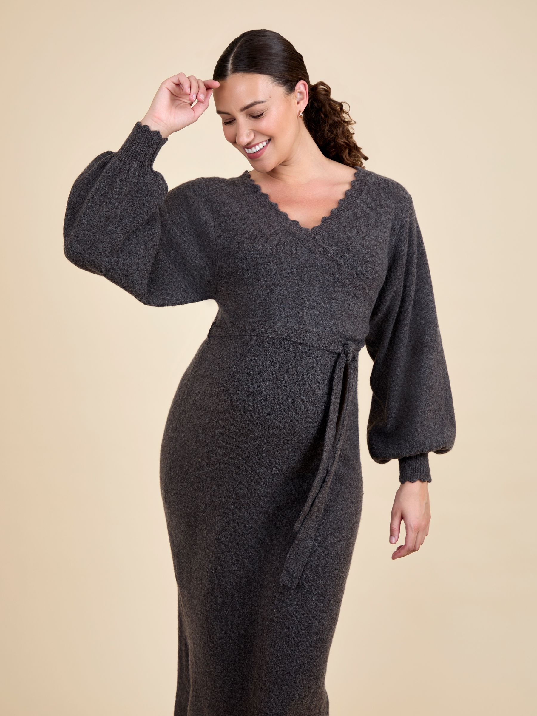 Mocha Blouson Sleeve Maternity Knitted Midi Dress - Image 9 of 10