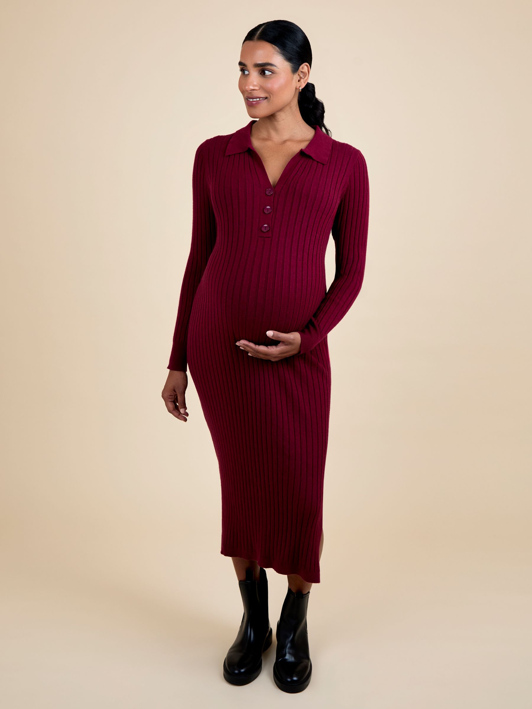 Wine Knitted Rib Collared Maternity Midi Dress