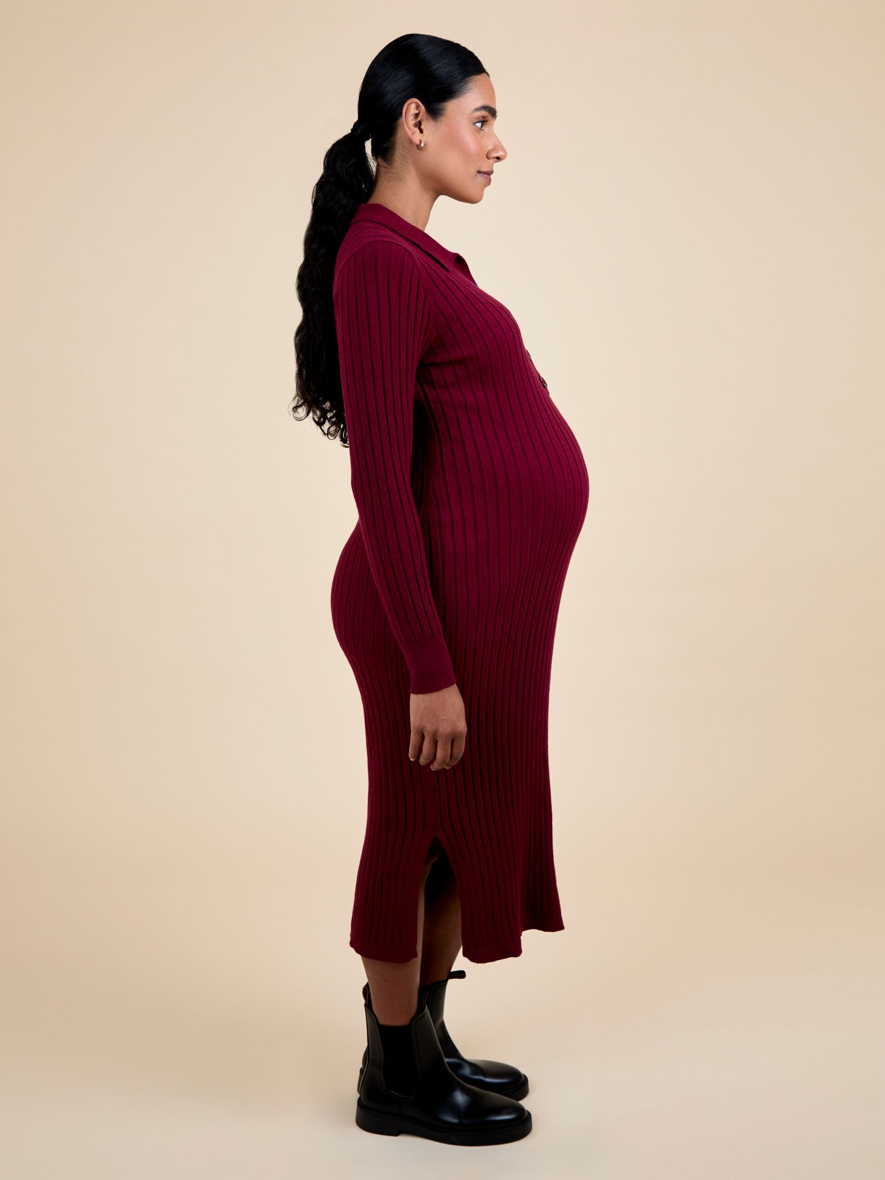 Wine Knitted Rib Collared Maternity Midi Dress - Image 2 of 5