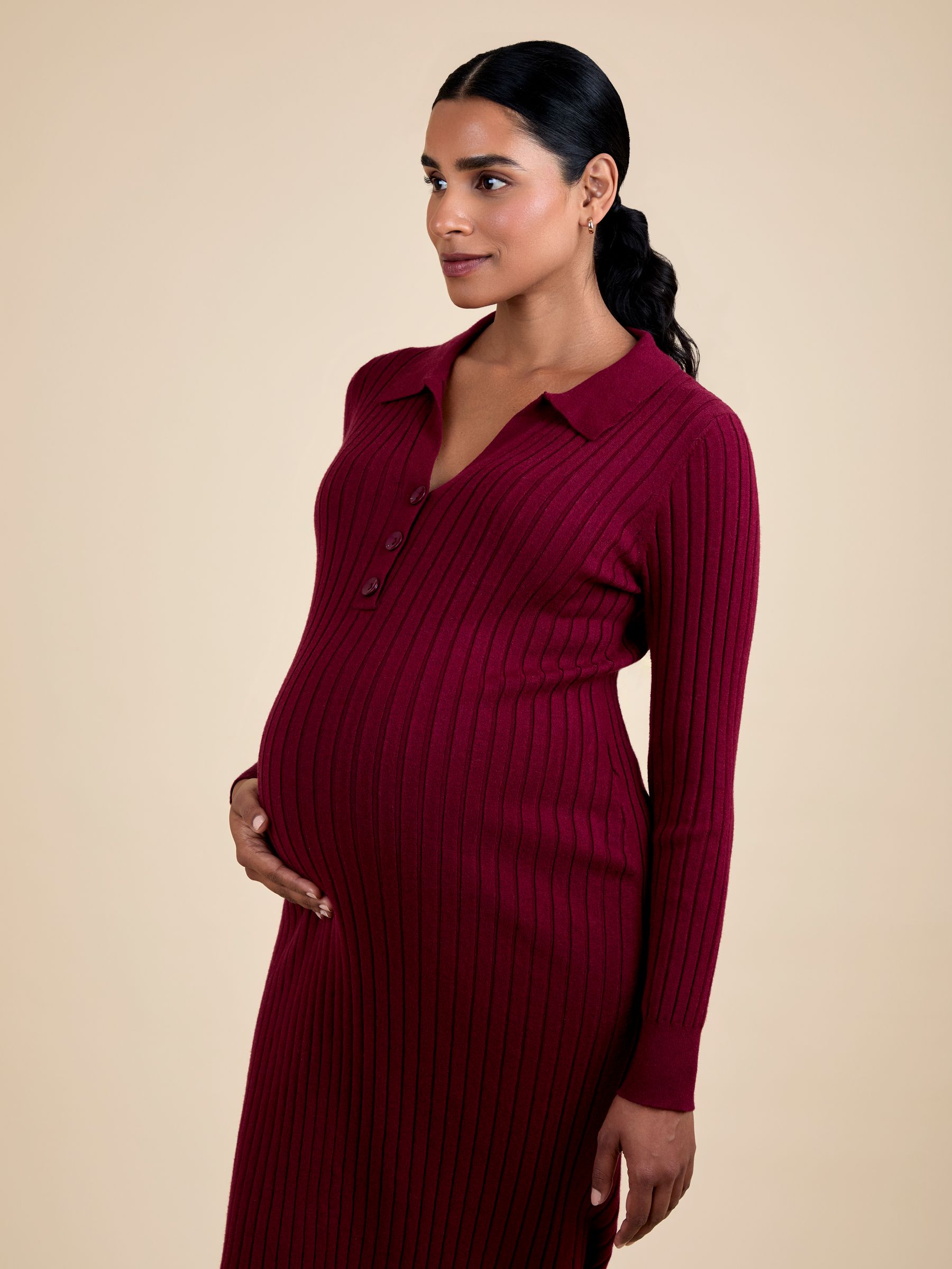 Wine Knitted Rib Collared Maternity Midi Dress - Image 4 of 5
