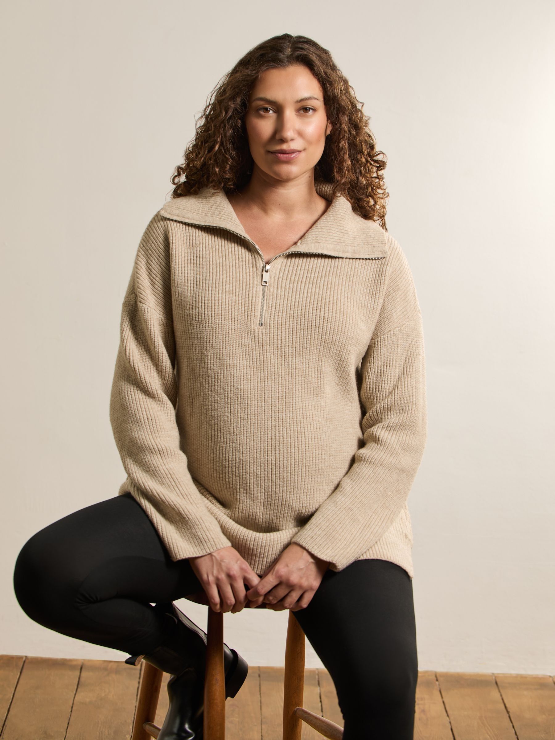 NaturalOatmeal Half Zip Maternity And Nursing Jumper - Image 1 of 3
