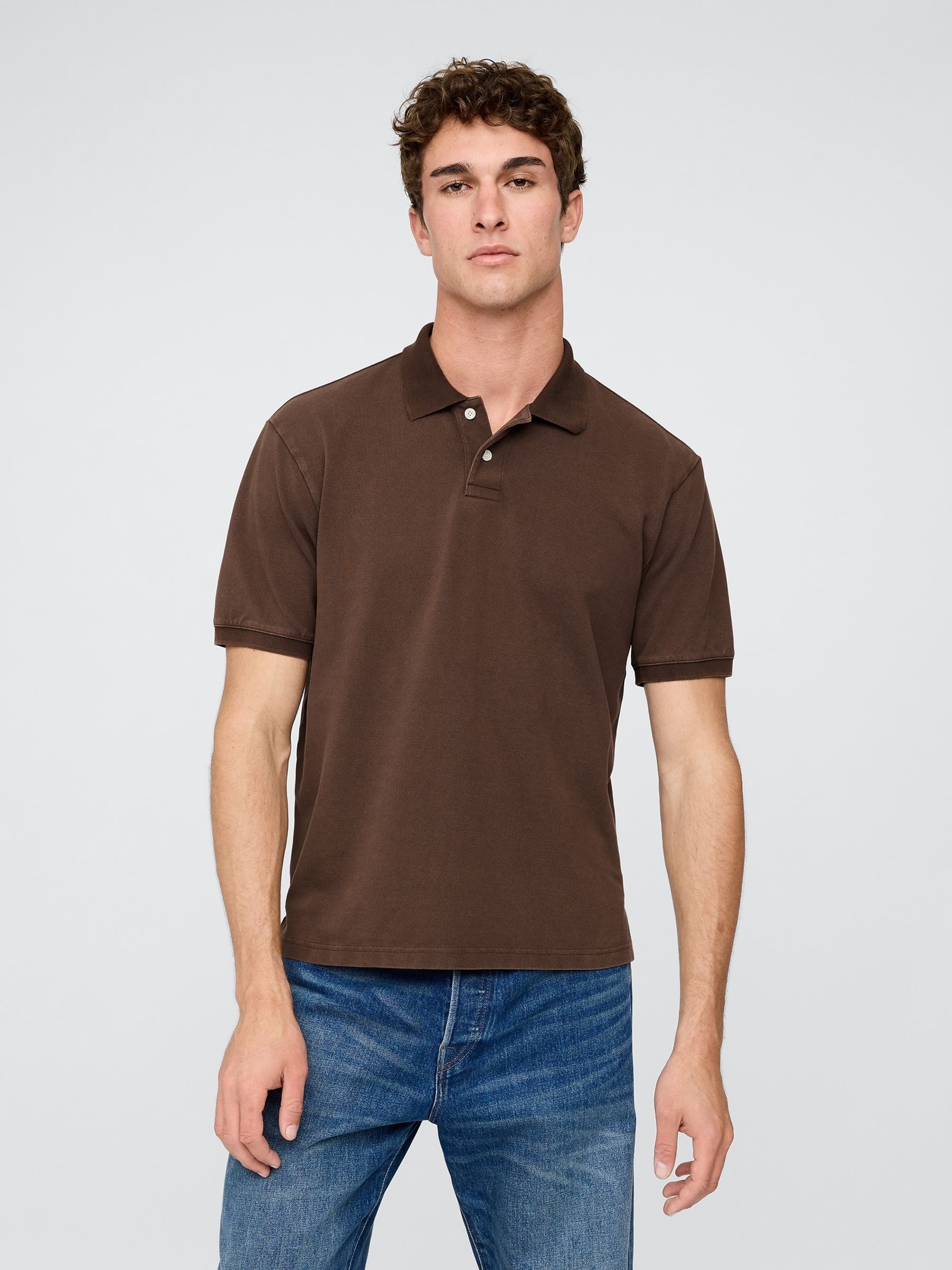 Brown Cotton Pique Short Sleeve Polo Shirt - Image 1 of 5