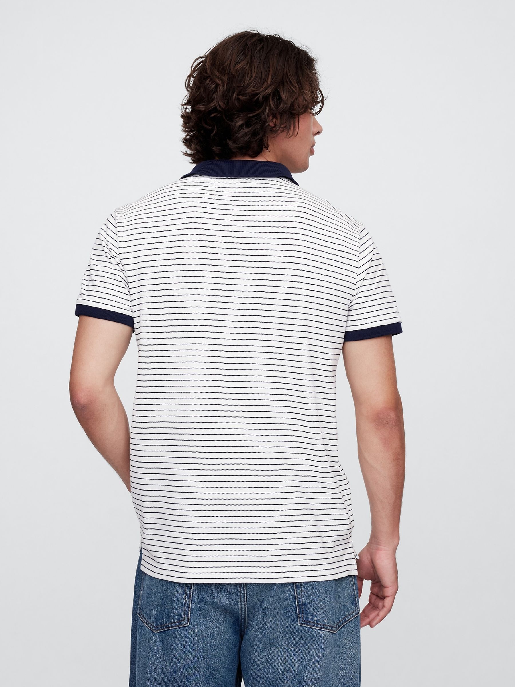 White/Navy Stripe Logo Short Sleeve Polo Shirt - Image 2 of 5