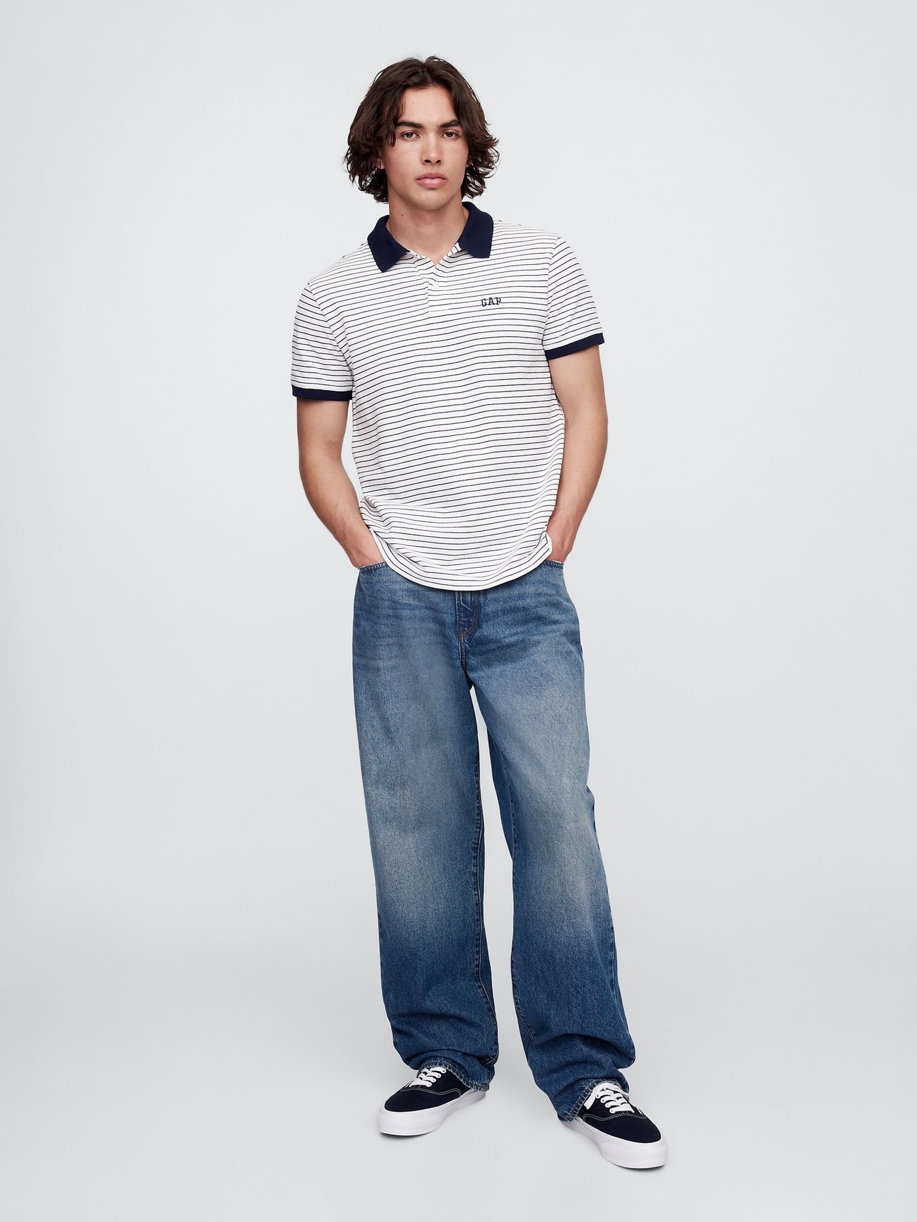 White/Navy Stripe Logo Short Sleeve Polo Shirt - Image 3 of 5