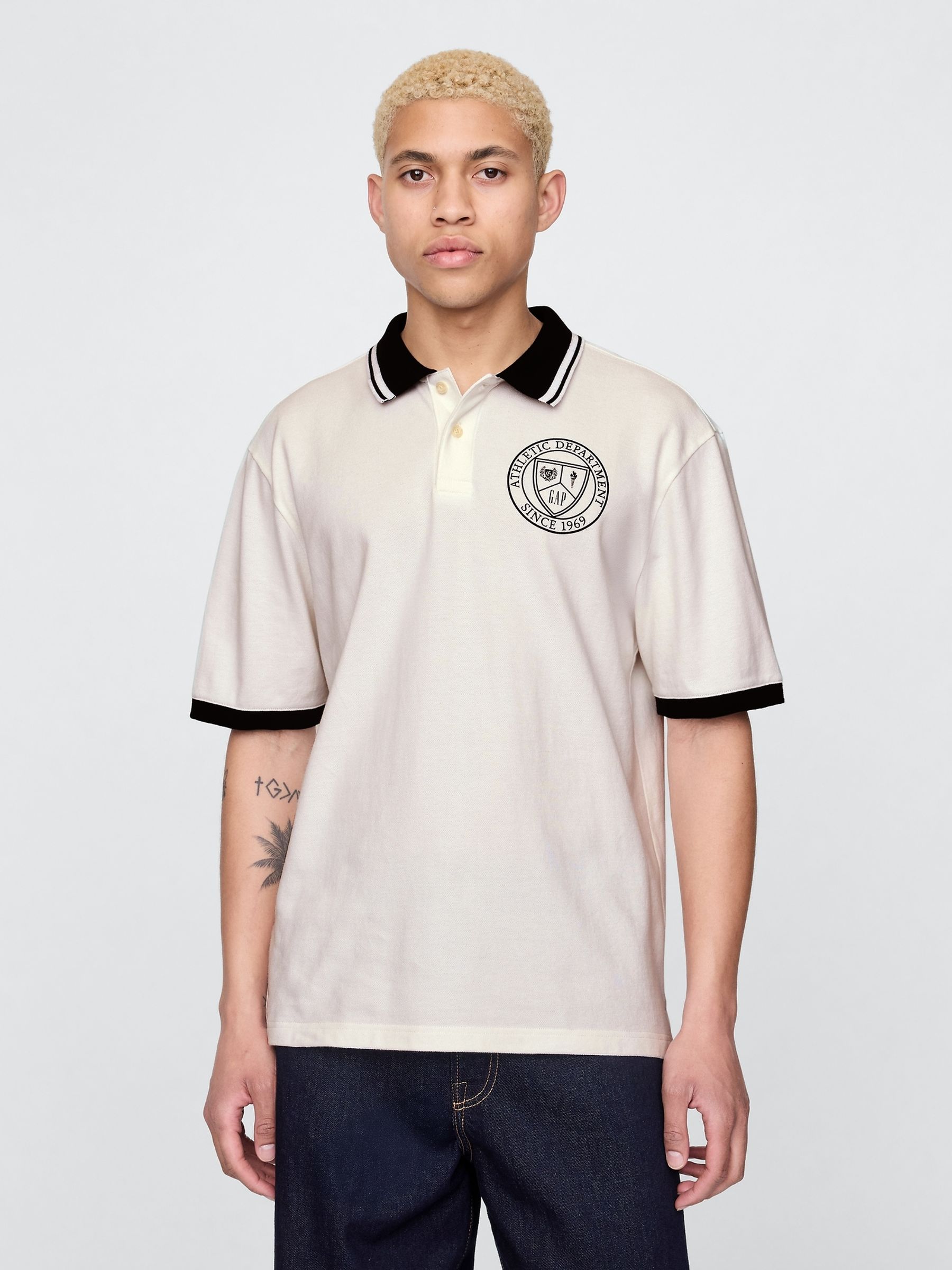 Neutral/Black Athletic Logo Pique Short Sleeve Polo Shirt - Image 1 of 4