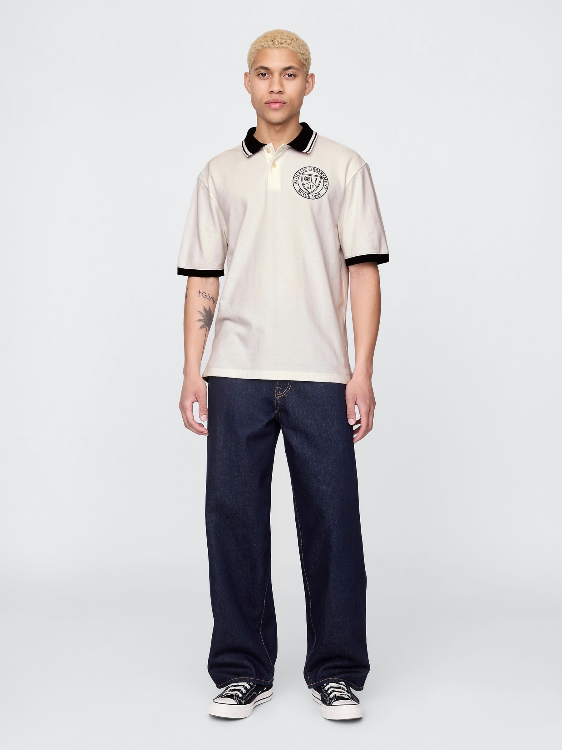 Neutral/Black Athletic Logo Pique Short Sleeve Polo Shirt - Image 3 of 4