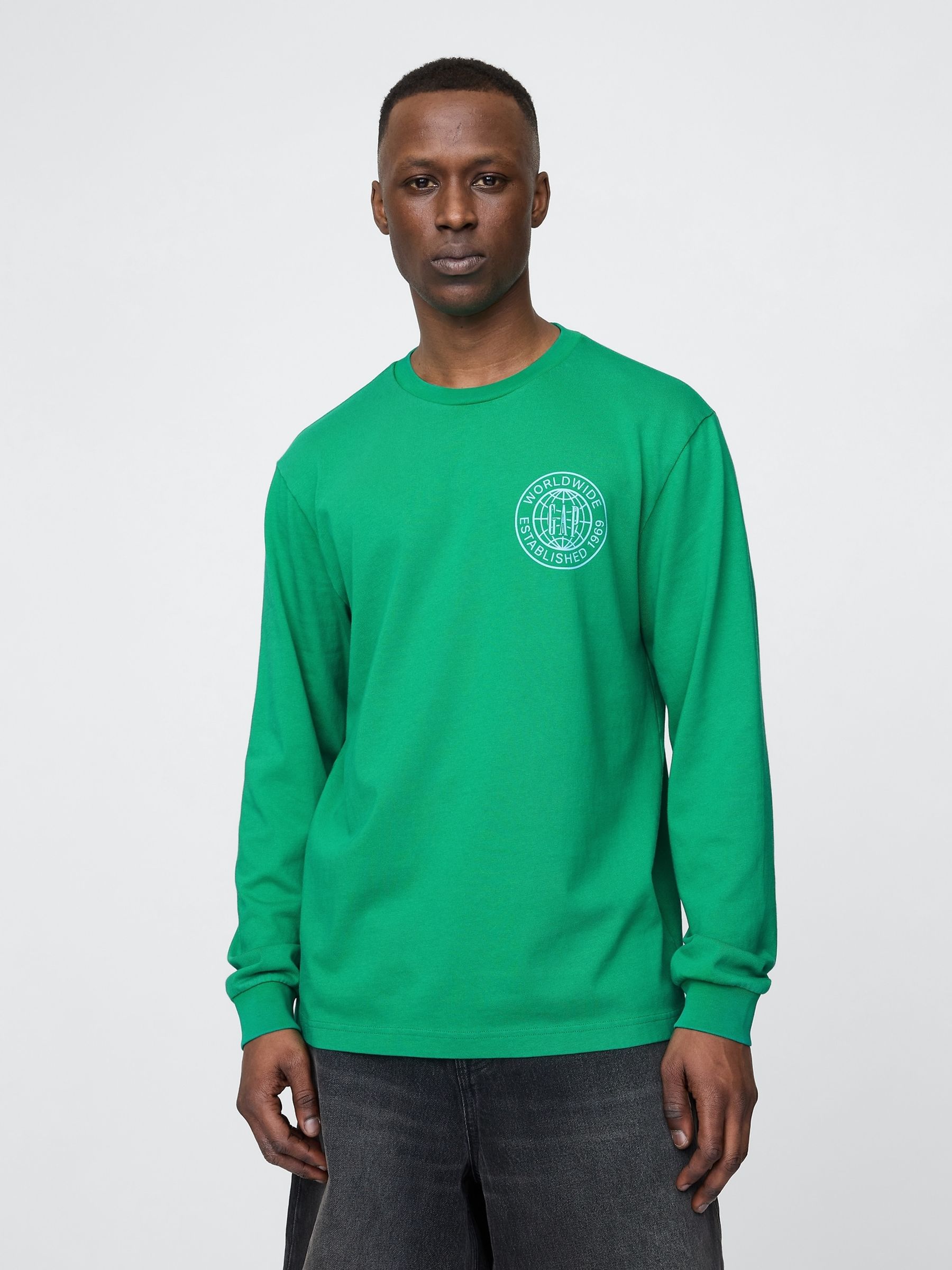 Green Long Sleeve 100% Cotton World Logo T-Shirt - Image 1 of 5