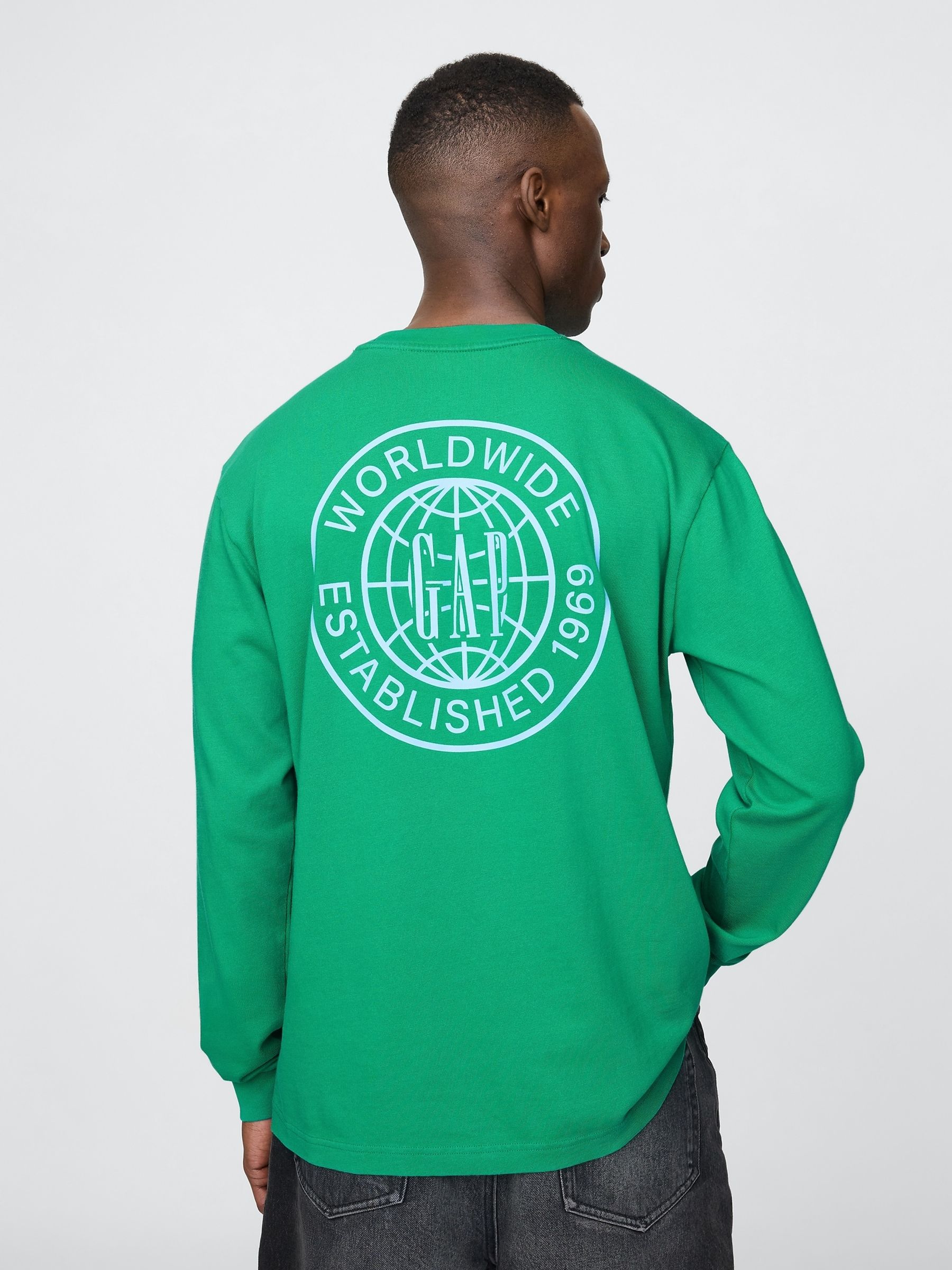 Green Long Sleeve 100% Cotton World Logo T-Shirt - Image 2 of 5