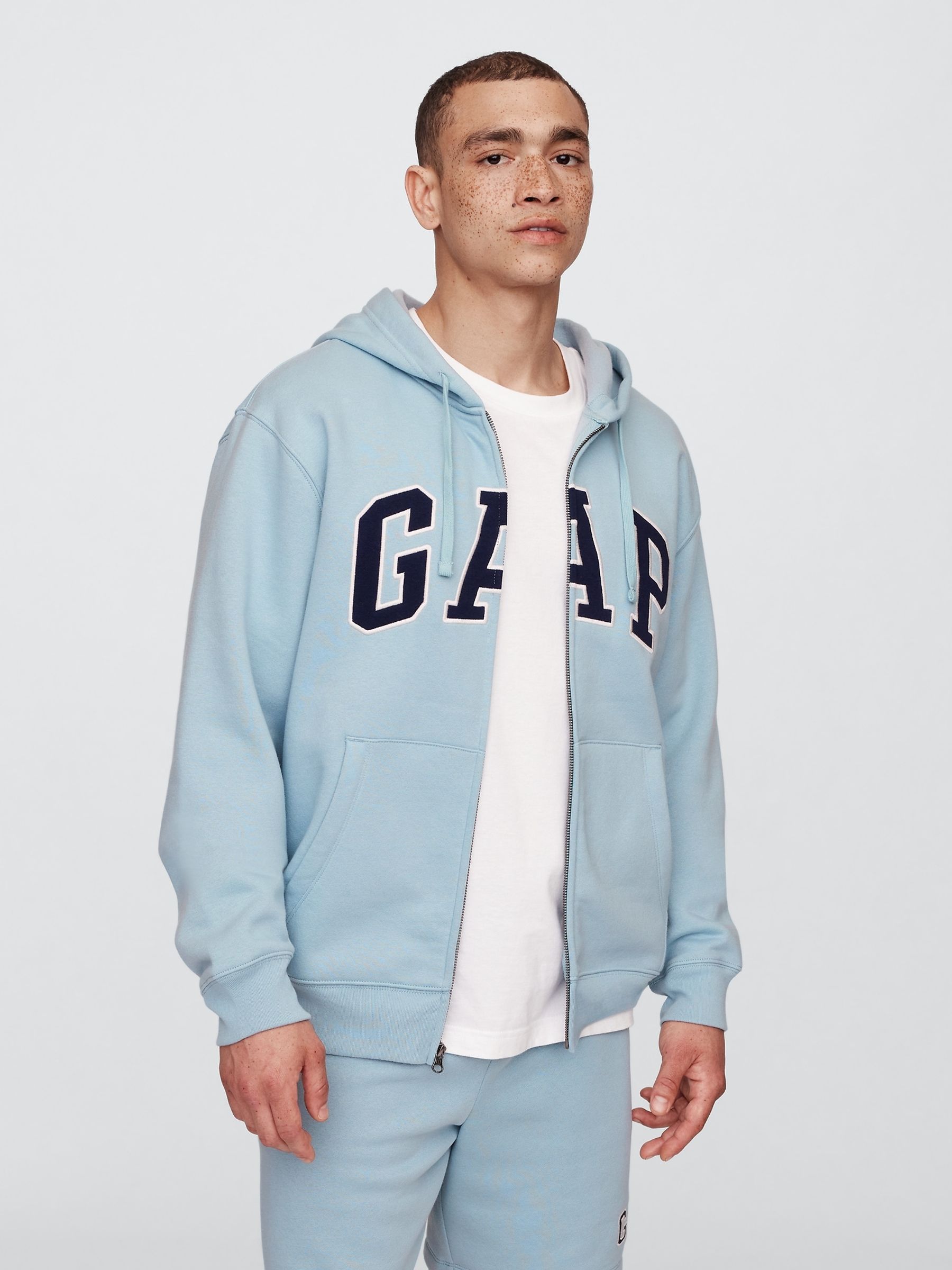 Light Blue Zip Up Arch Logo Hoodie Gap