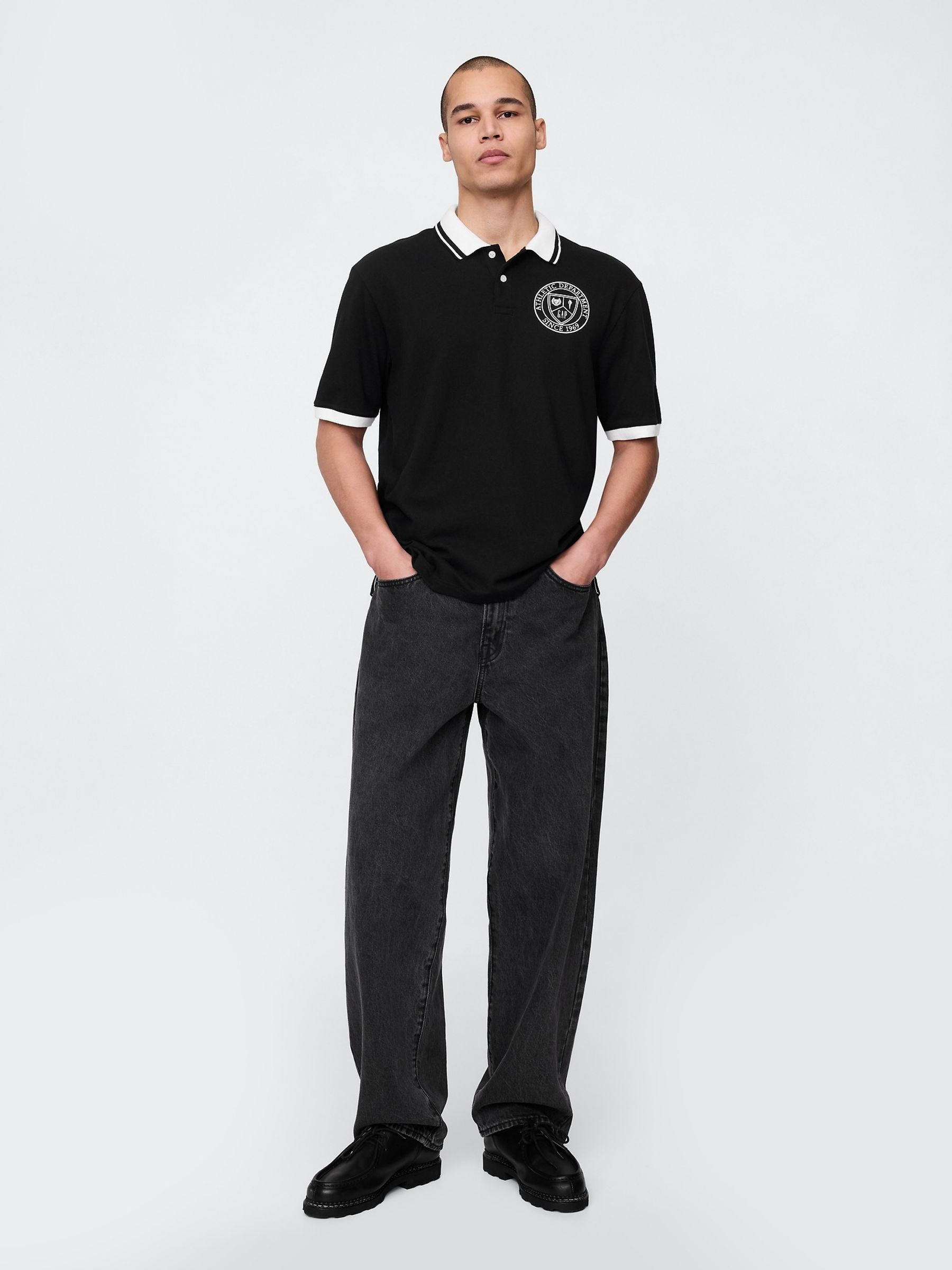 Black/White Athletic Logo Pique Short Sleeve Polo Shirt - Image 3 of 5