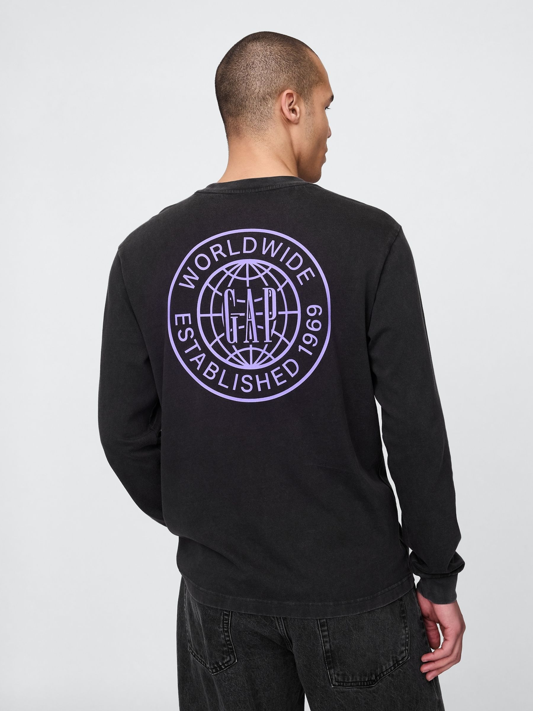 Black Long Sleeve 100% Cotton World Logo T-Shirt - Image 2 of 5