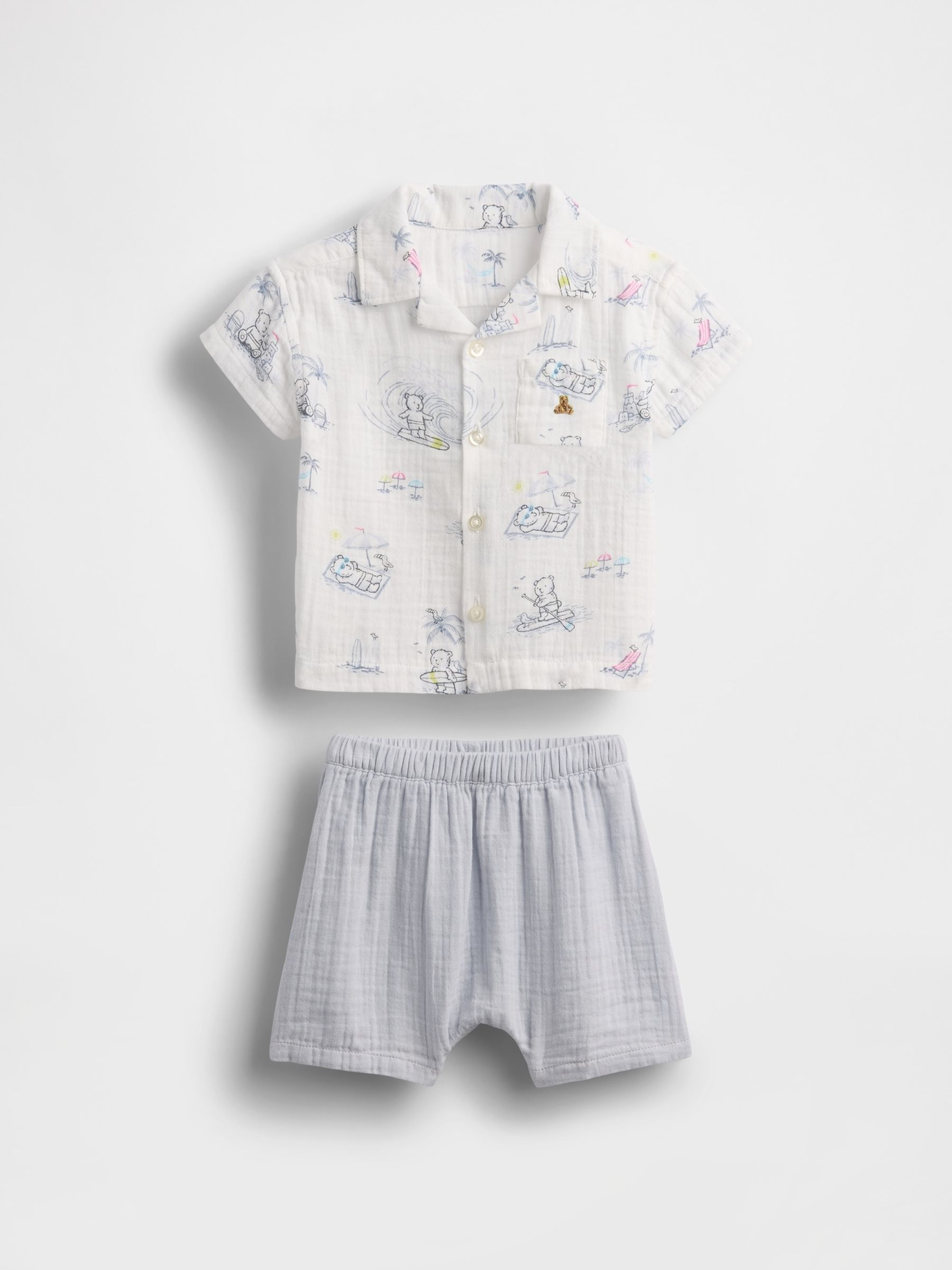 White/Grey Crinkle Gauze Shirt & Shorts (Newborn-24mths) - Image 1 of 3